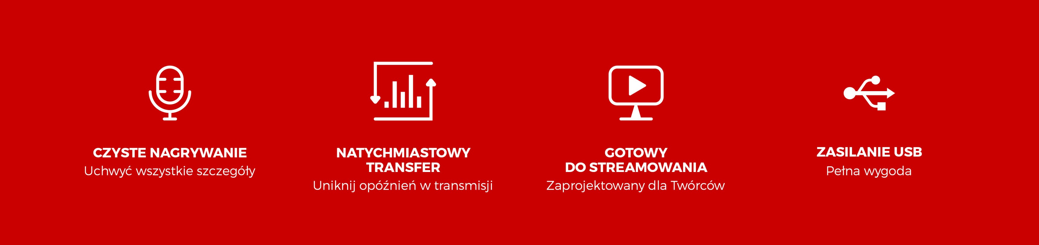 Ikony wyszczególniające funkcje mikrofonu Genesis Radium 400 G2: czyste nagrywanie, natychmiastowy transfer, gotowość do strumieniowania i zasilanie przez USB