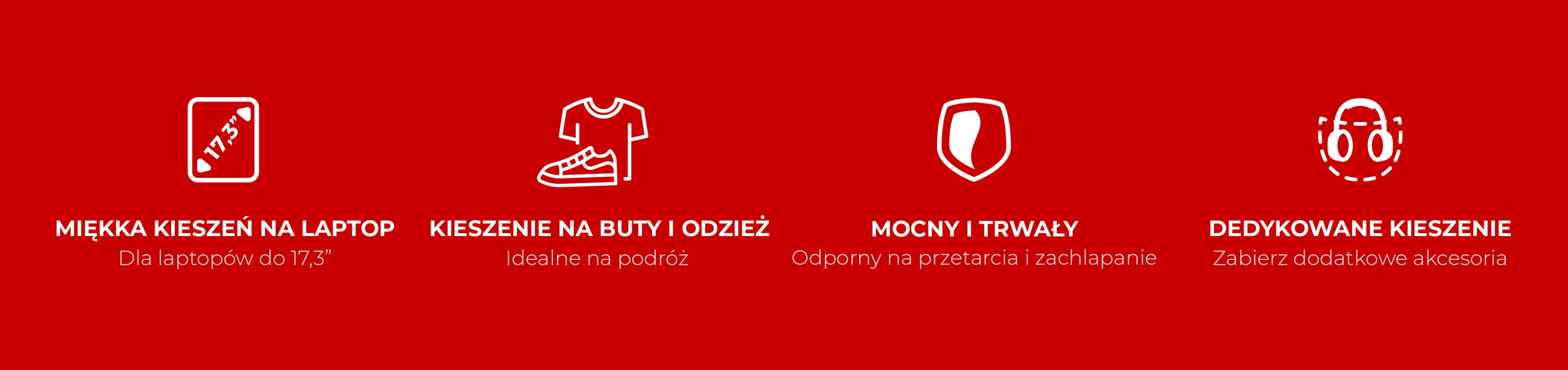 Pięć ikon z krótkimi opisami cech torby na czerwonym tle.