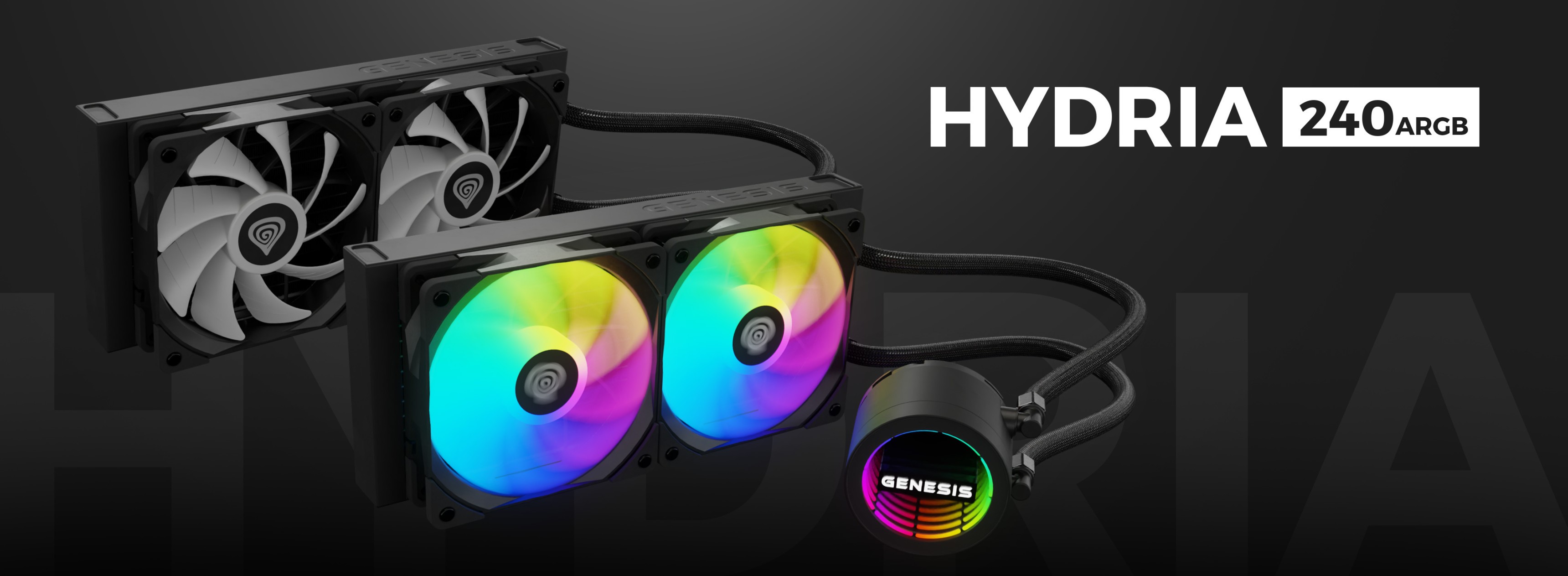 Czarny cooler cieczy Genesis Hydria 240 ARGB z dwoma podświetlanymi wentylatorami i elegancką pompką