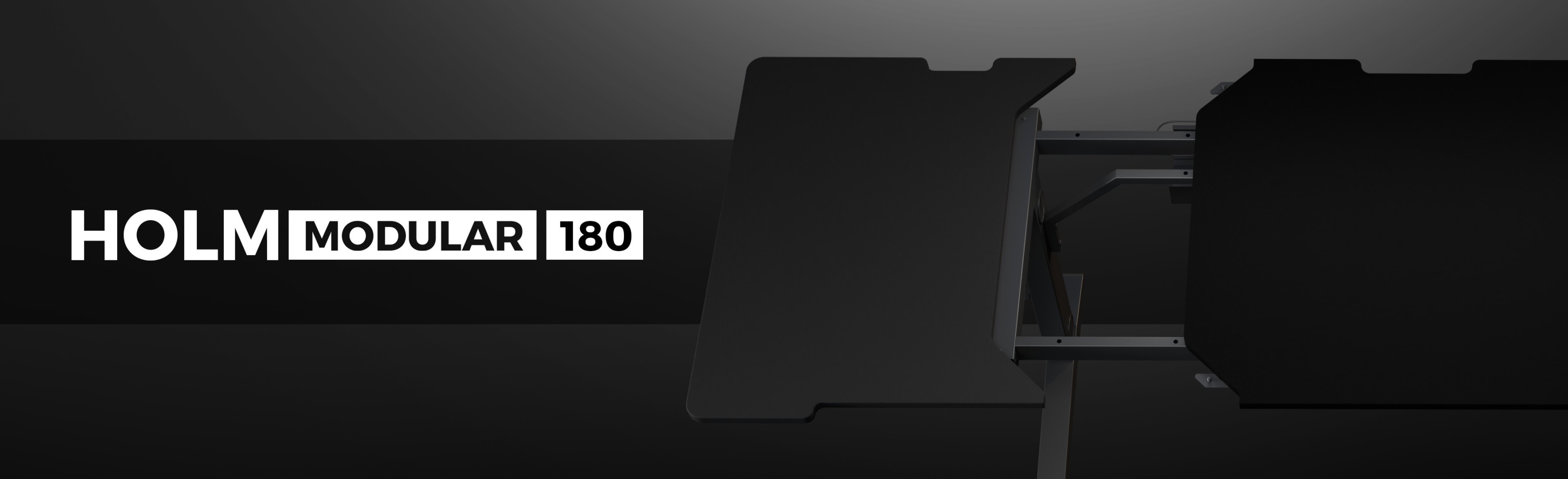 Czarne modułowe biurko dla graczy z logo "HOLM MODULAR 180", charakteryzujące się eleganckim i nowoczesnym wyglądem.
