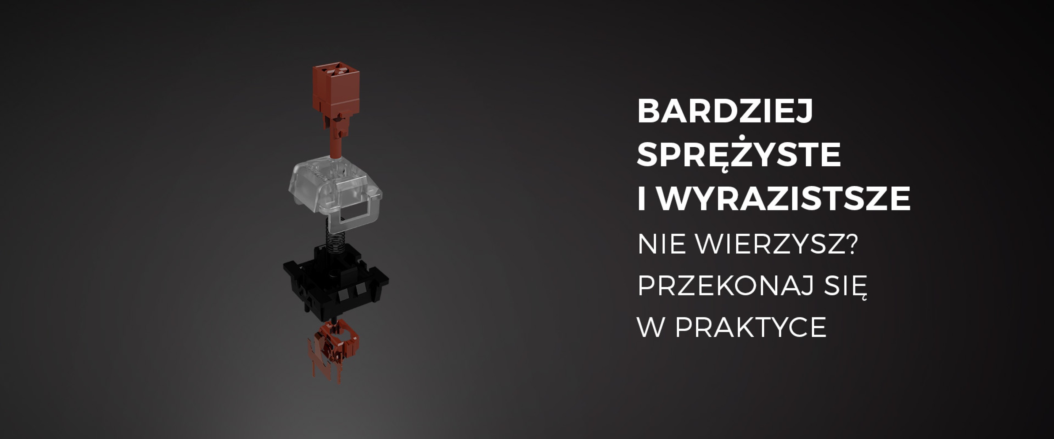 Ilustracja przedstawiająca zdemontowany przełącznik klawiatury mechanicznej, podkreślający elementy przełącznika Kailh Box Brown z tekstem promującym jego responsywność.