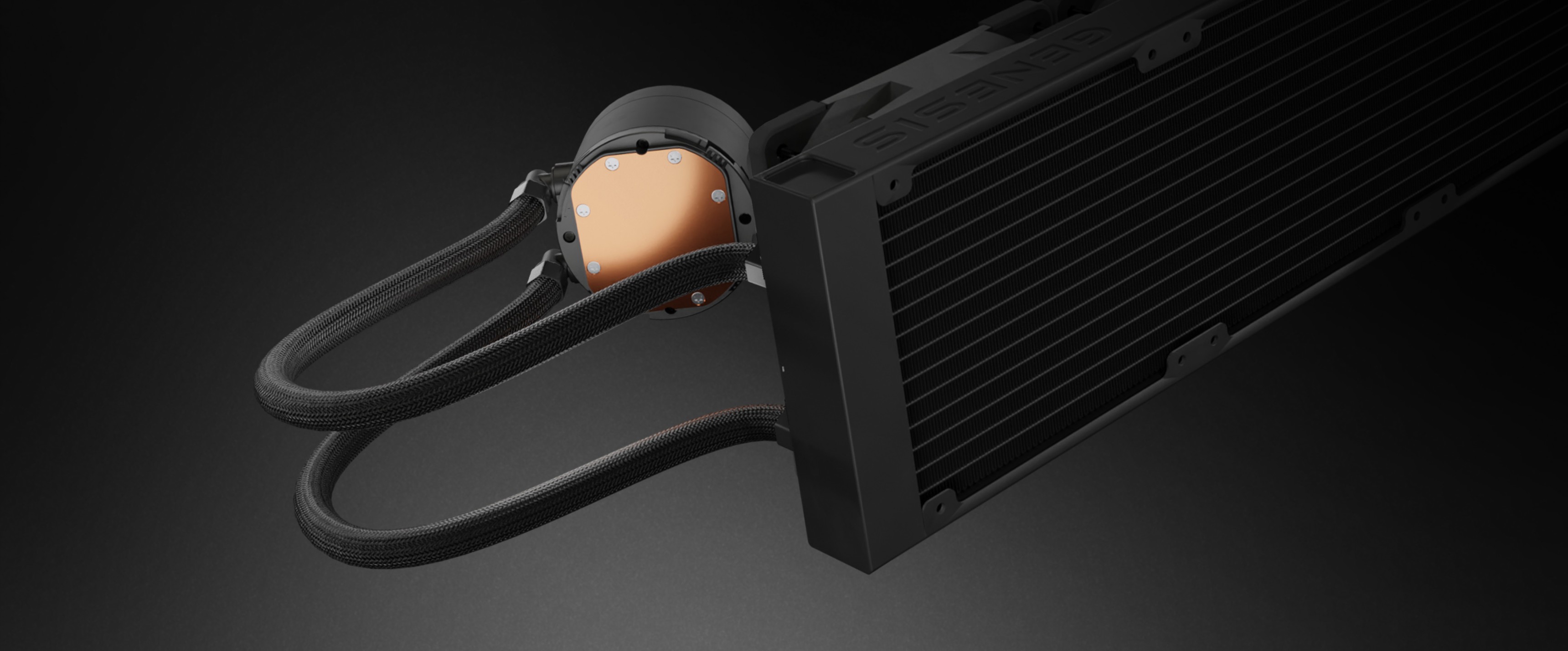 Czarny zestaw chłodzenia wodnego Genesis Hydria 360 ARGB wyposażony w radiator i pompę z rurkami zapewniającymi wydajne odprowadzanie ciepła.