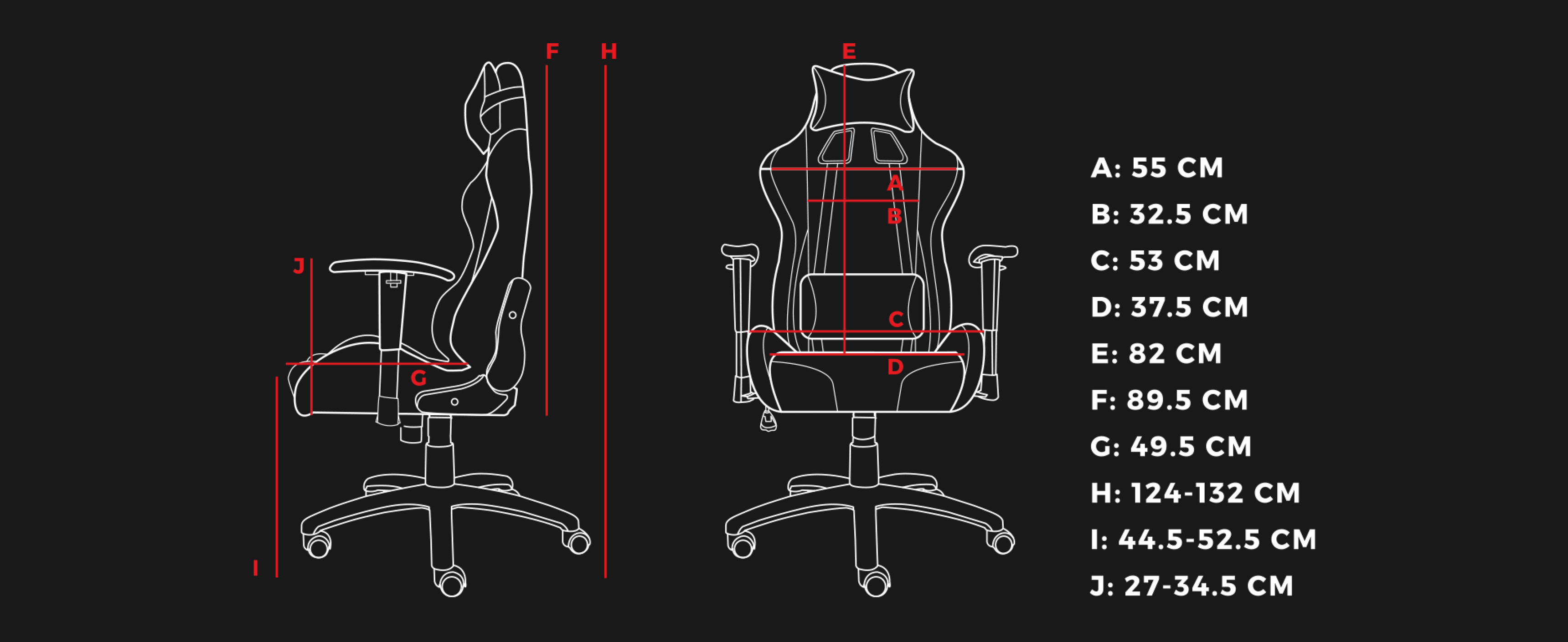 Stylowy ergonomiczny fotel z dokładnymi wymiarami w stylu rysunku technicznego.