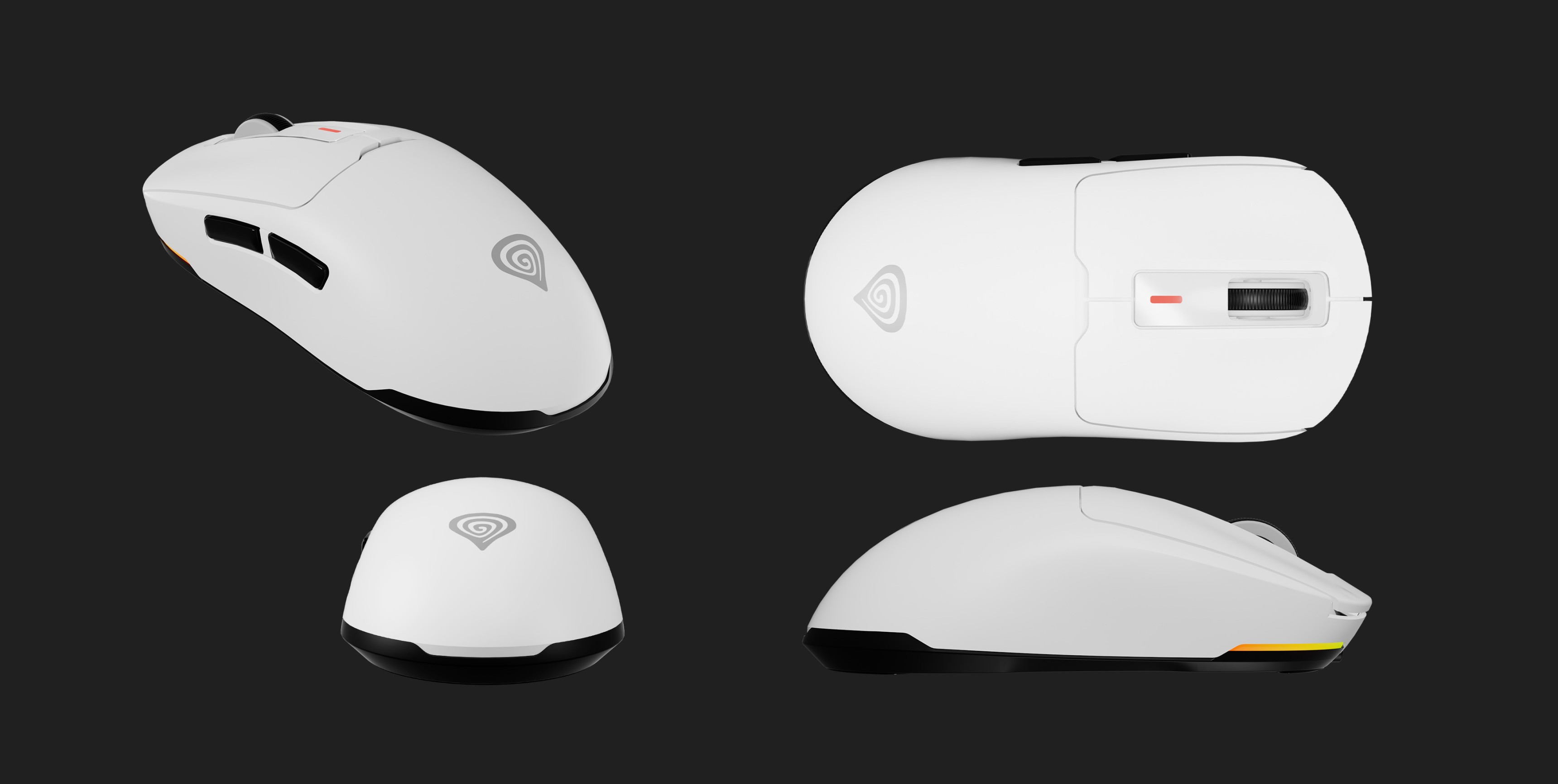 Bezprzewodowa mysz do gier Genesis Zircon 660, biała, o rozdzielczości 12000 DPI i ergonomicznej konstrukcji, wyświetlana pod wieloma kątami