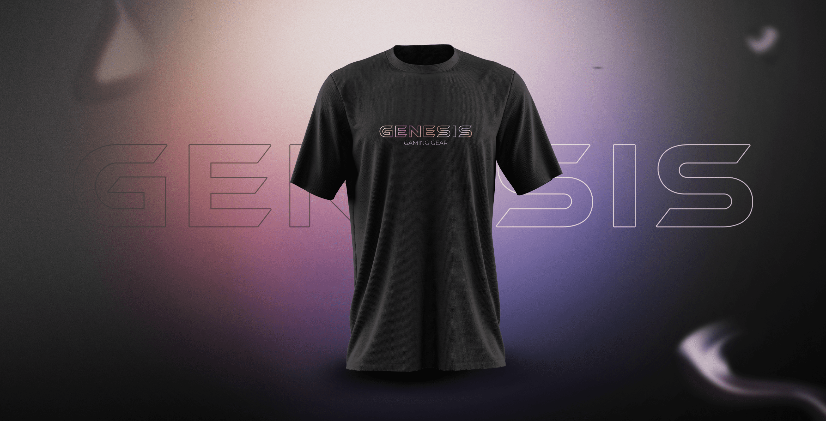 Czarny t-shirt z kolorowym napisem "GENESIS" z przodu na delikatnym gradientowym tle.