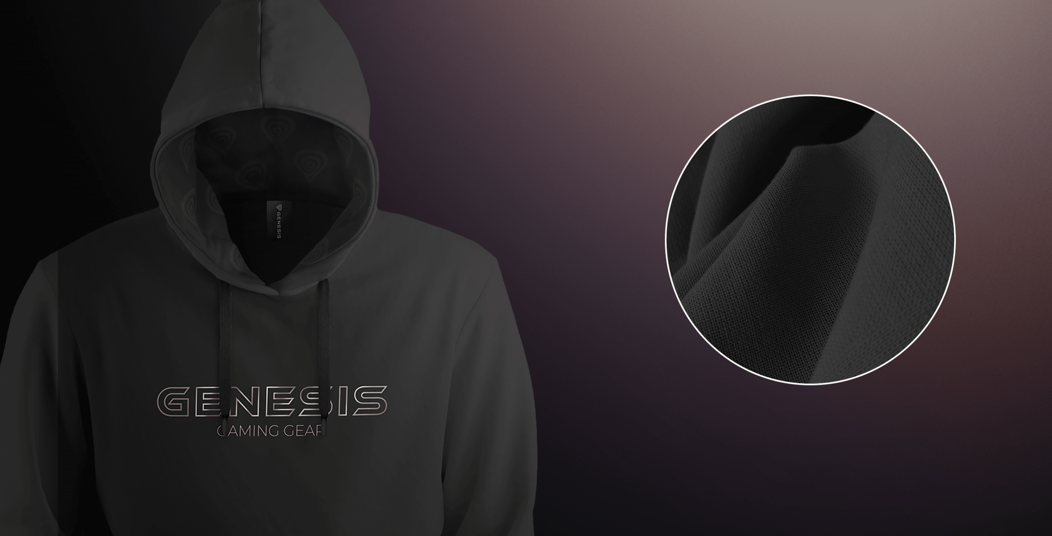 Bluza z kapturem z logo "GENESIS GAMING GEAR", prezentowana na ciemnoszarym materiale ze szczegółami materiału w zbliżeniu.
