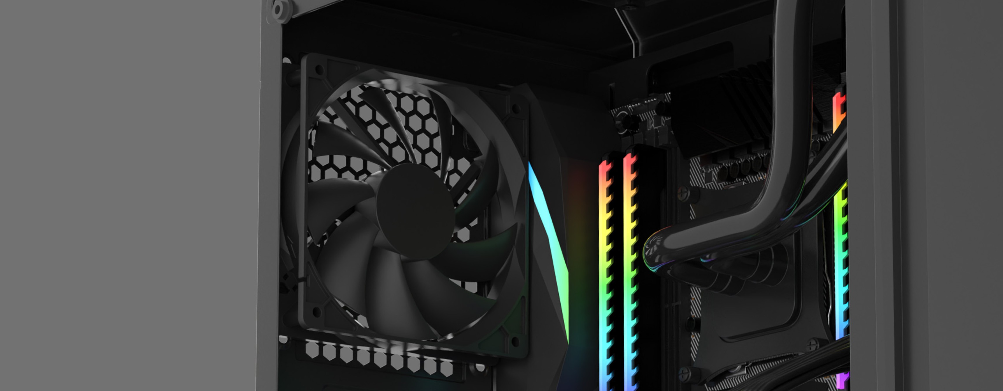 Czarna obudowa Genesis Irid 505F MIDI typu tower z oknem i podświetleniem RGB, prezentująca komponenty wewnętrzne i wentylator chłodzący