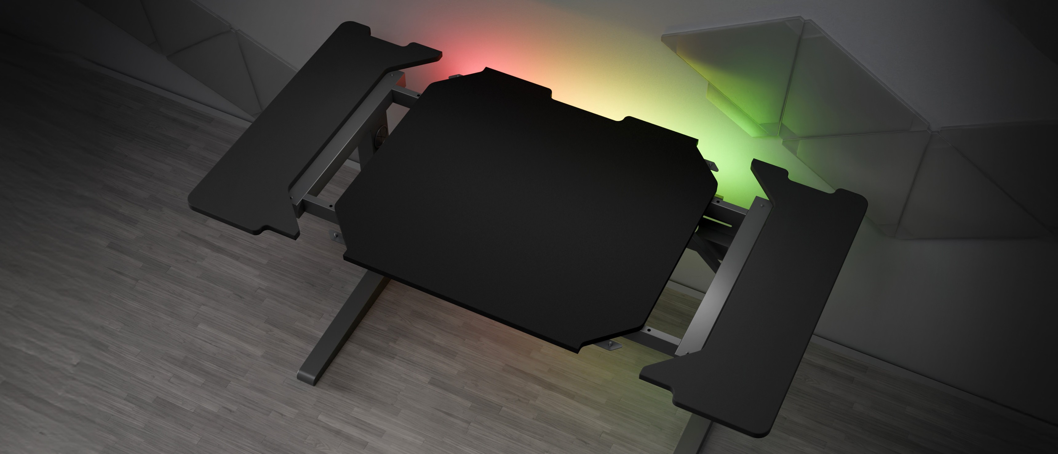 Modułowe biurko dla graczy z elegancką czarną powierzchnią i konfigurowalnym oświetleniem RGB na krawędziach
