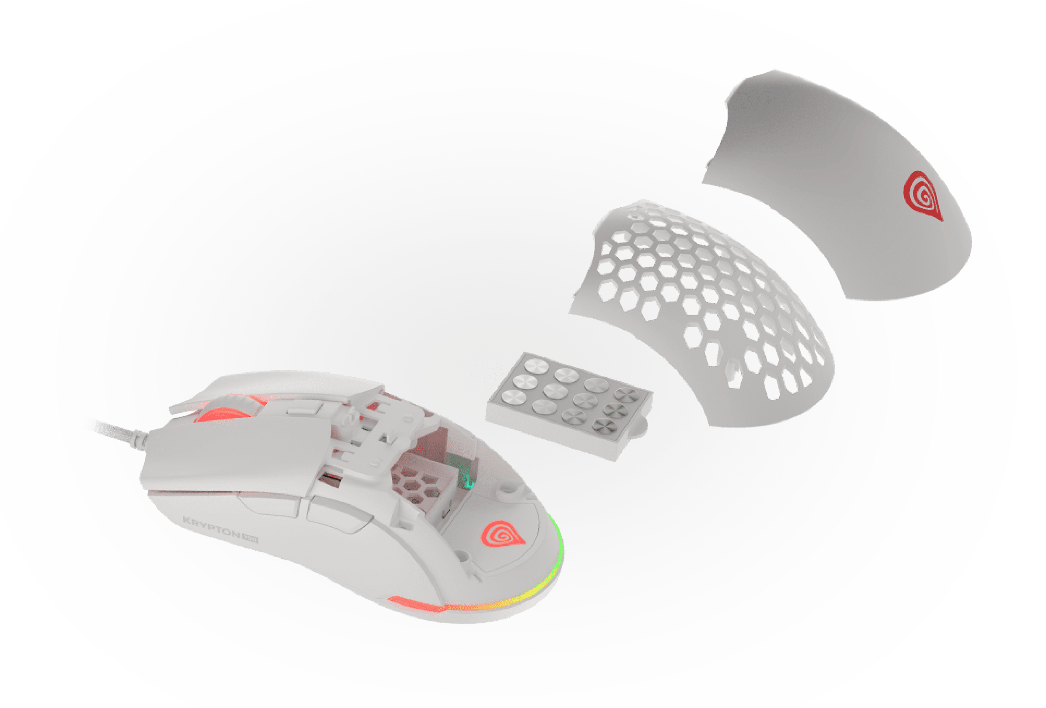 Biała mysz gamingowa RGB Genesis Krypton 750 ze zdejmowaną górną pokrywą i konfigurowalnymi elementami wewnętrznymi. Rozdzielczość 8000 DPI