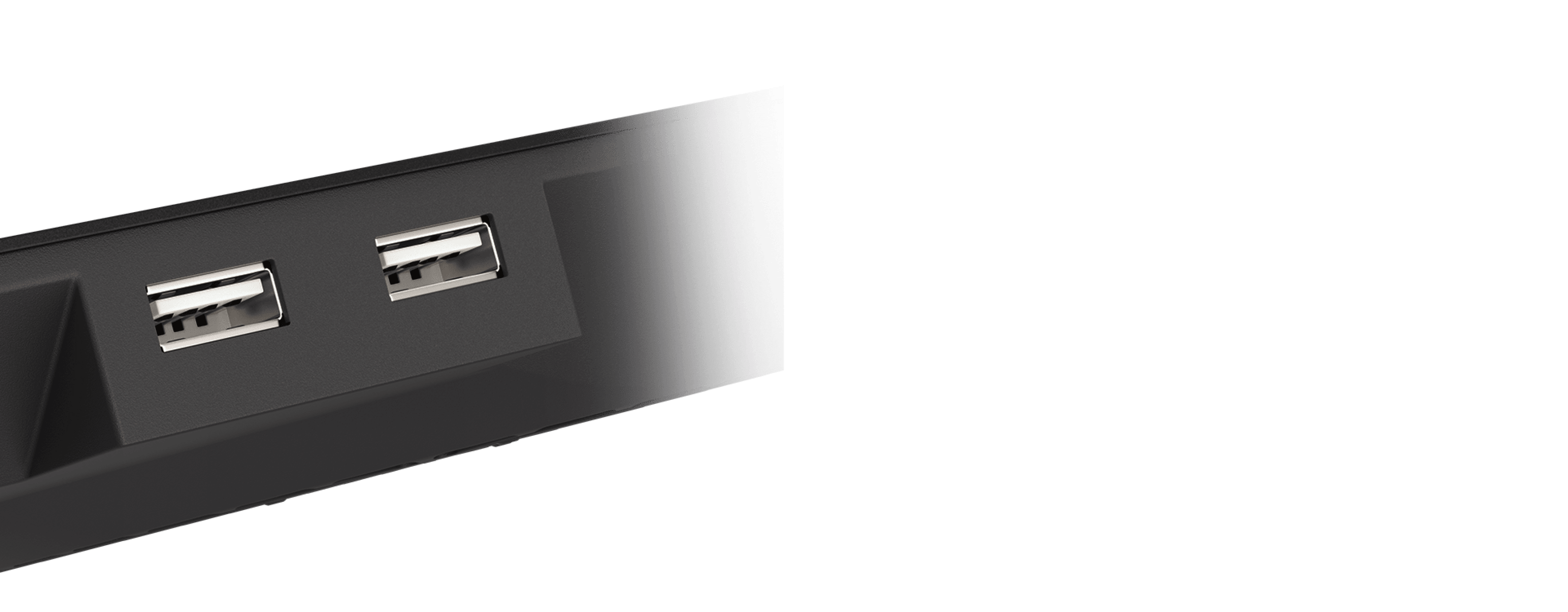 Zbliżenie na porty USB w podkładce chłodzącej do laptopa Genesis OXID 450 RGB. Posiada dwa złącza USB