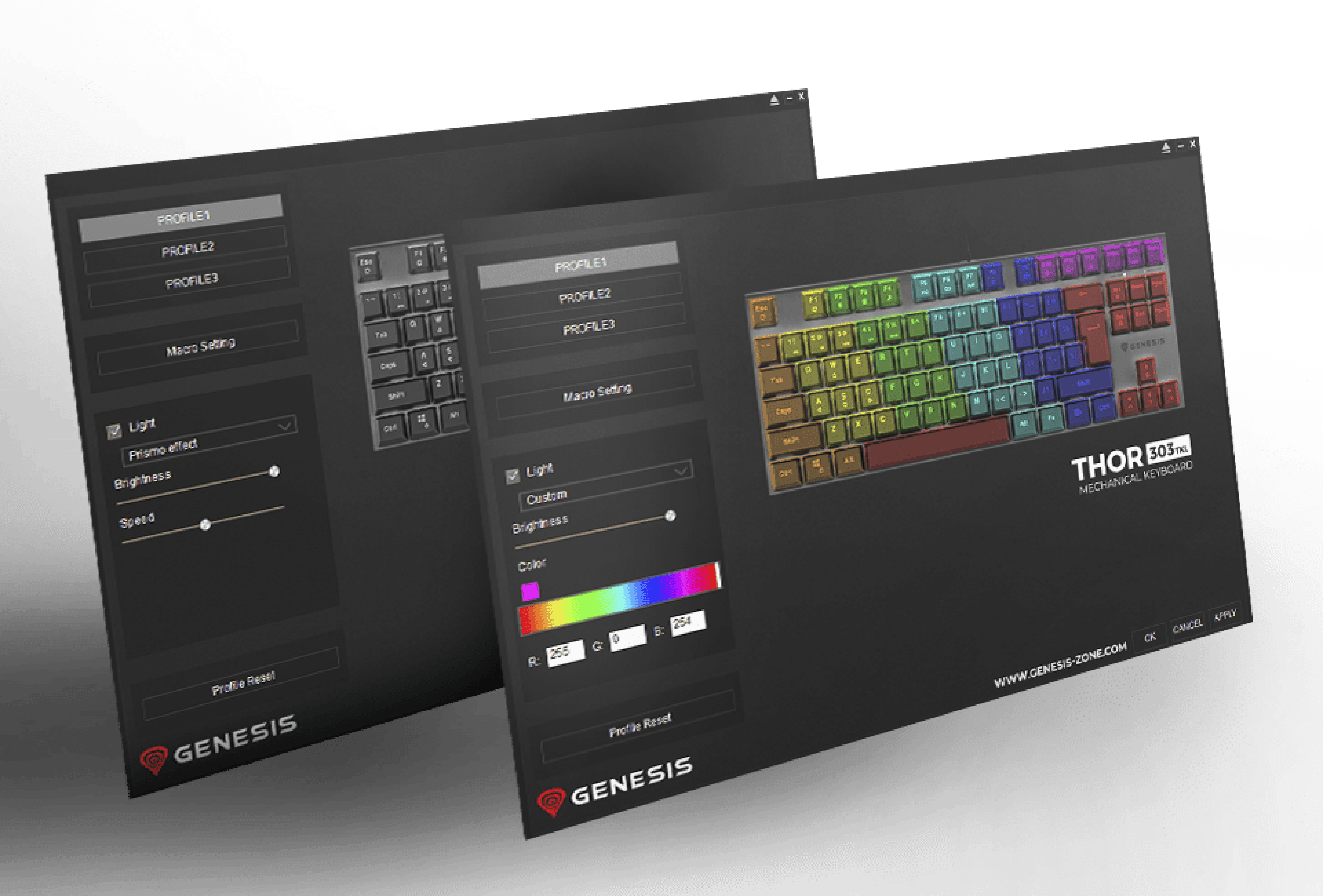 Obrazy przedstawiające mechaniczną klawiaturę do gier Genesis Thor 303 TKL z opcjami podświetlenia RGB i ustawieniami dostosowywania na ekranie