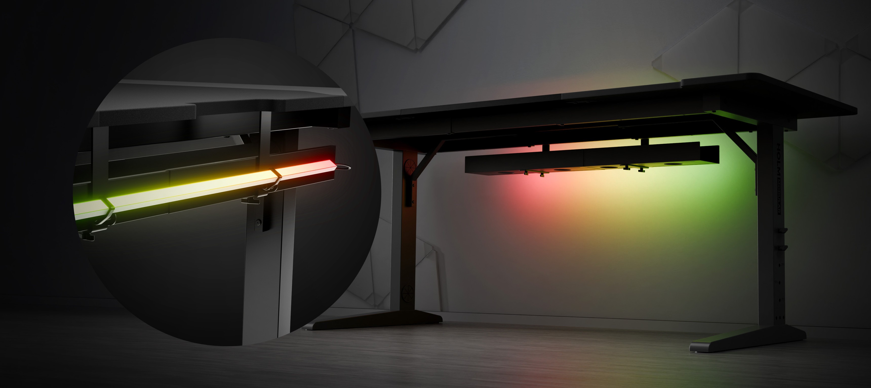 Modułowe biurko do gier o eleganckim wyglądzie, wyposażone w konfigurowalne oświetlenie RGB pod spodem, zapewniające lepsze wrażenia z gry