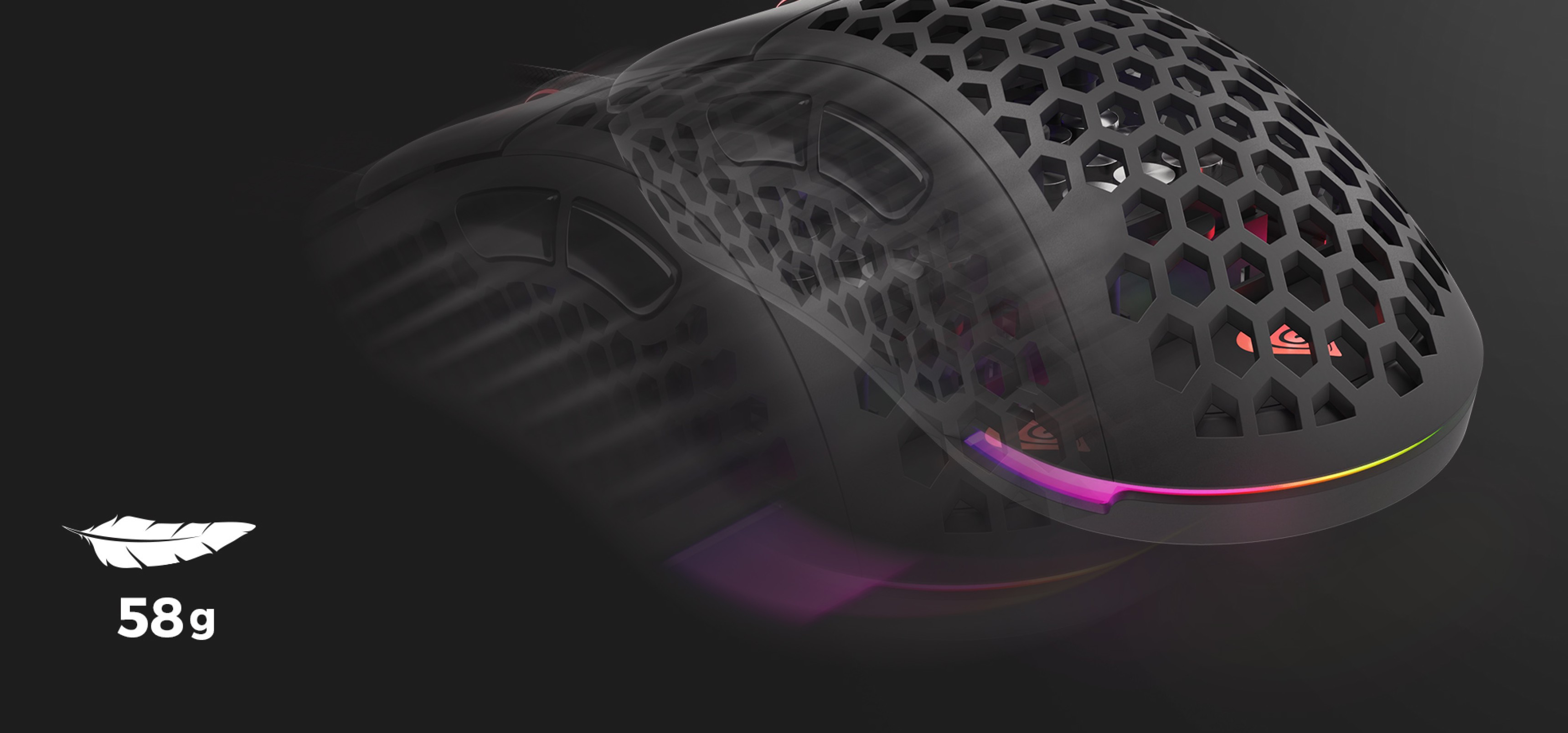 Lekka czarna mysz do gier z wzorem plastra miodu, podświetleniem RGB i sensorem 16 000 DPI. Waży 58 g