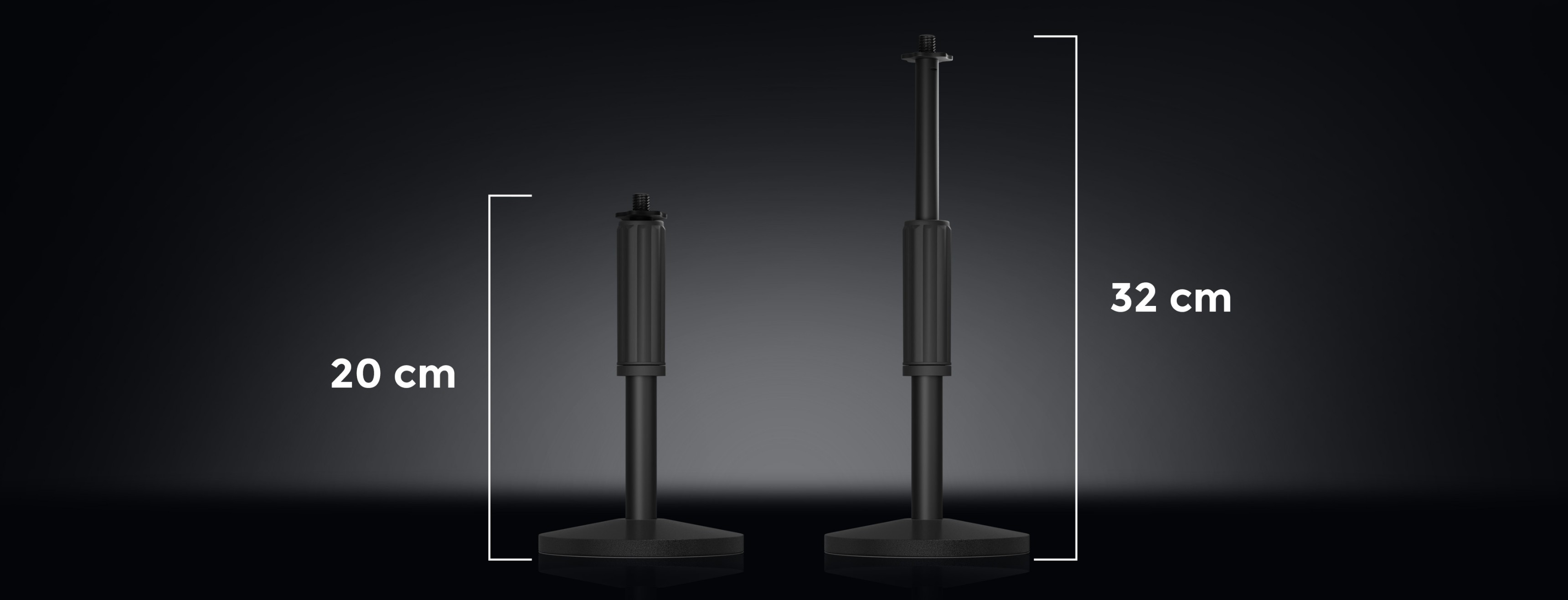 Statyw mikrofonowy Genesis Thulium 350D pokazany w dwóch ustawieniach wysokości, 20 cm i 32 cm, na ciemnym tle