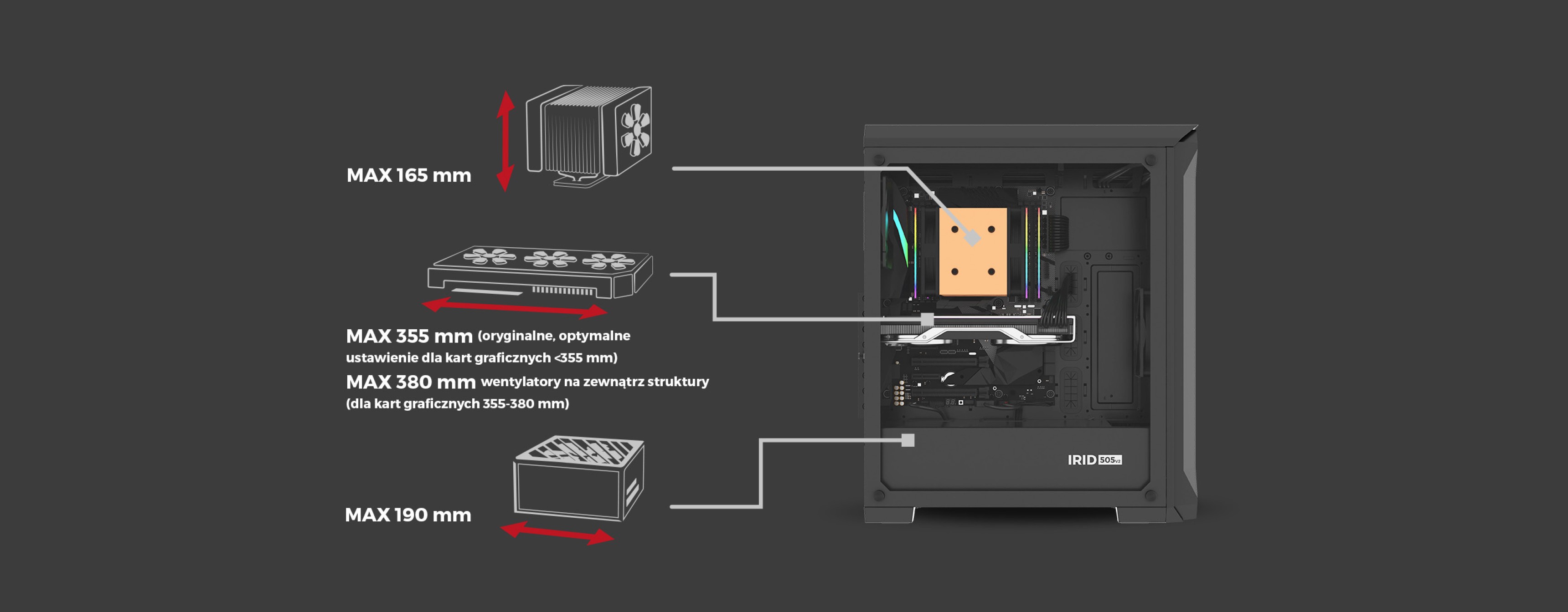 Czarna obudowa Genesis Irid 505 V2 MIDI typu tower z oknem, pokazującym wewnętrzne wymiary komponentów chłodzenia CPU, GPU i zasilacza.
