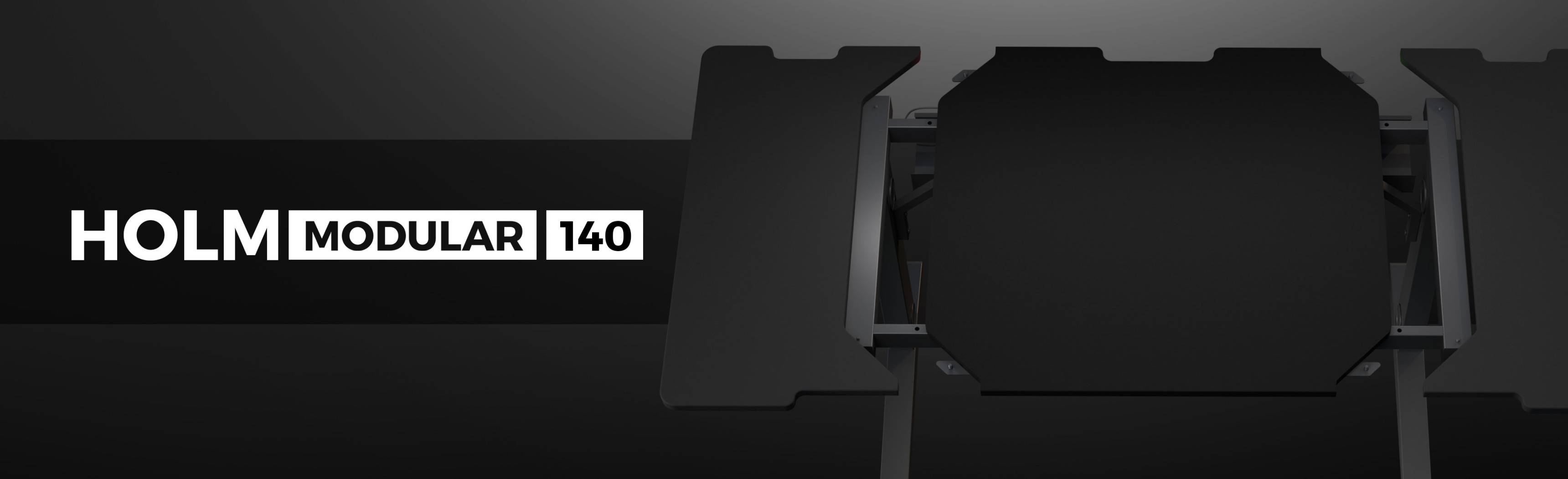 Modułowe biurko do gier o eleganckim, nowoczesnym wyglądzie z ciemnym wykończeniem, oznaczone jako "HOLM MODULAR 140".
