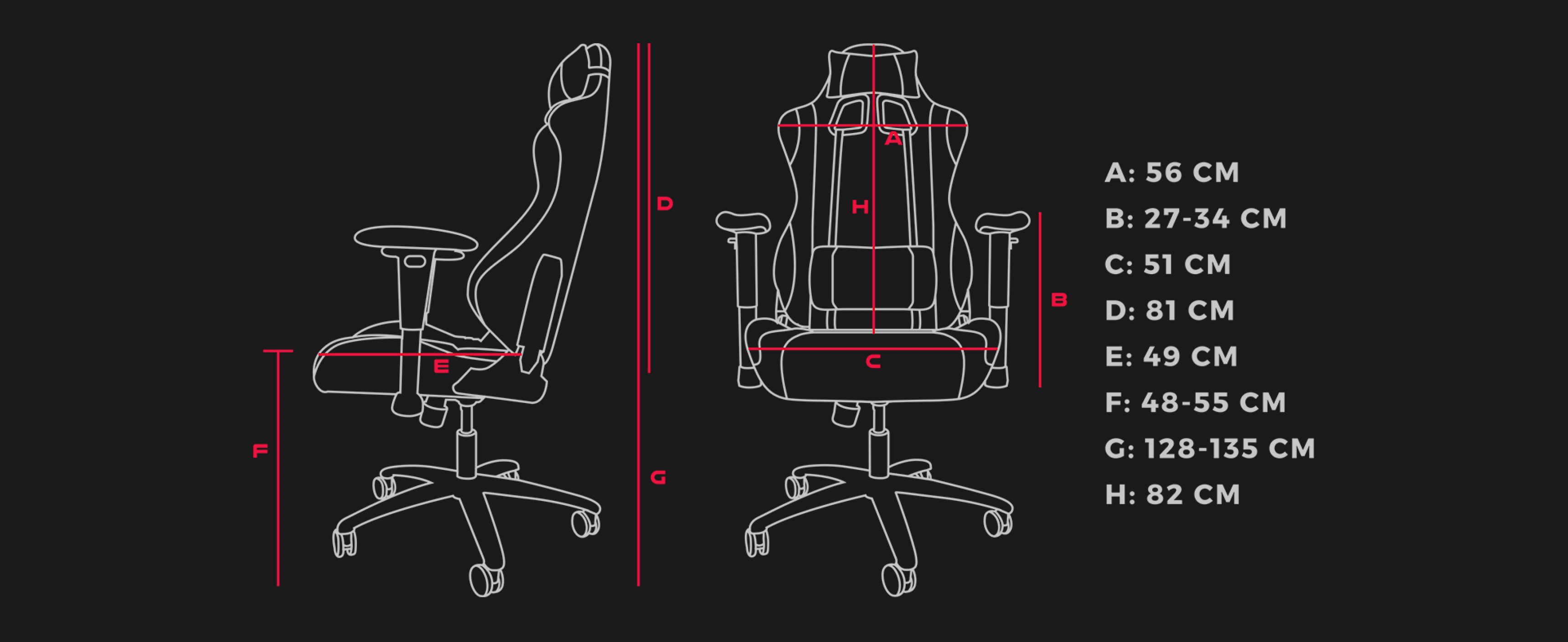 Diagram przedstawiający wymiary i cechy ergonomicznego fotela gamingowego z dwóch widoków.