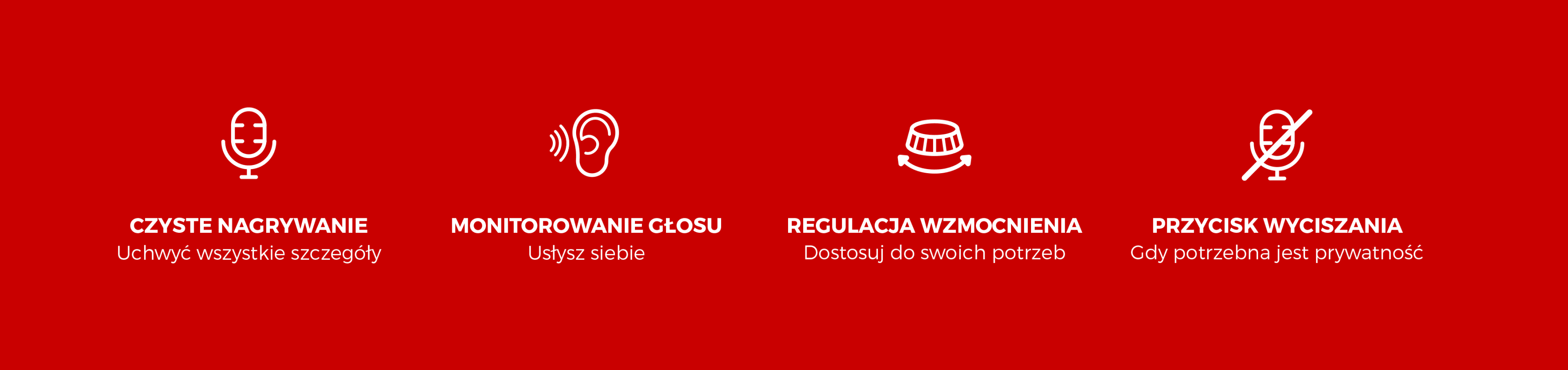 Funkcje mikrofonu, w tym wyraźne nagrywanie, monitorowanie dźwięku, regulacja wzmocnienia i przycisk wyciszenia