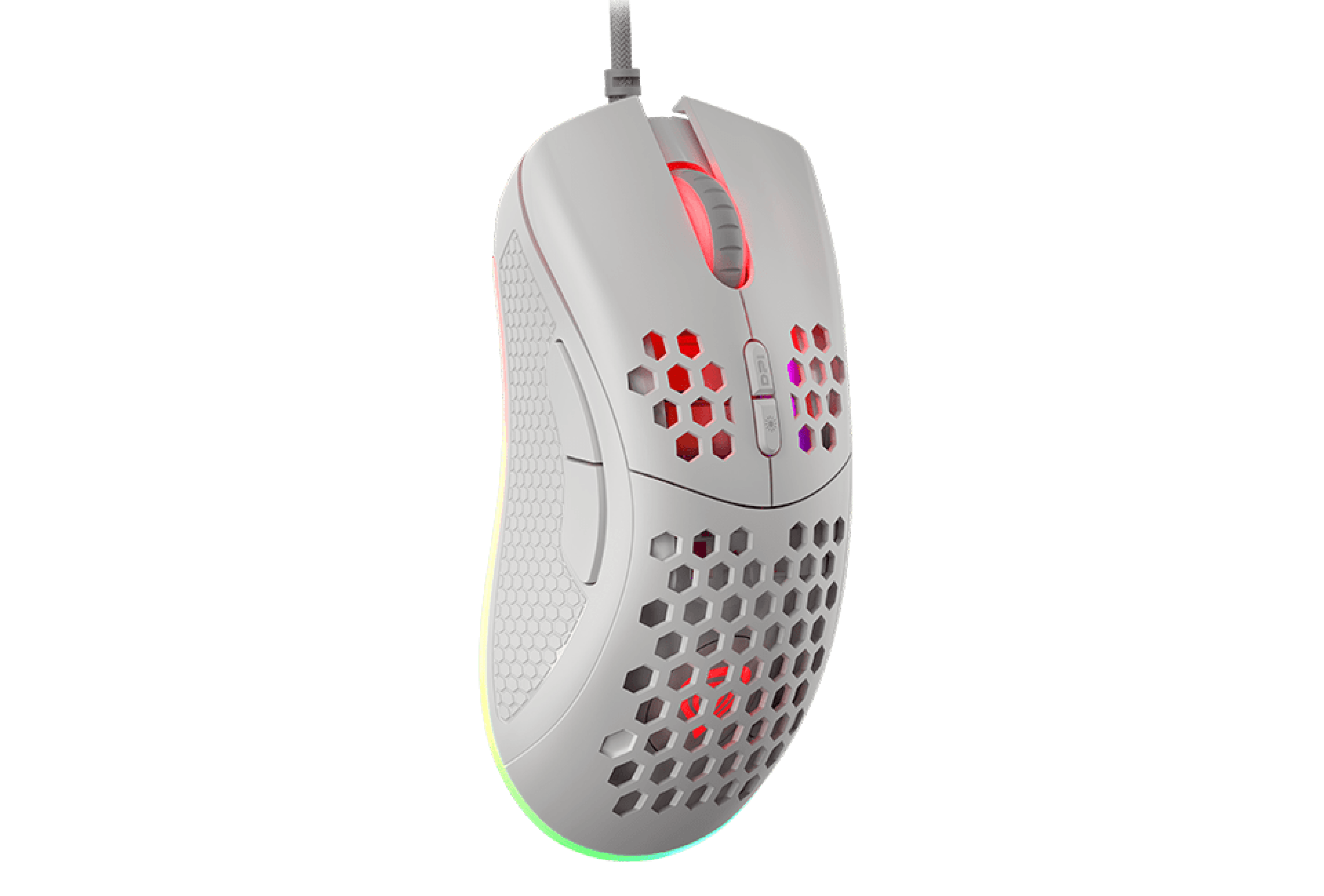 Biała mysz do gier z podświetleniem RGB, ergonomiczną konstrukcją i wzorem plastra miodu; posiada regulację DPI do 8000