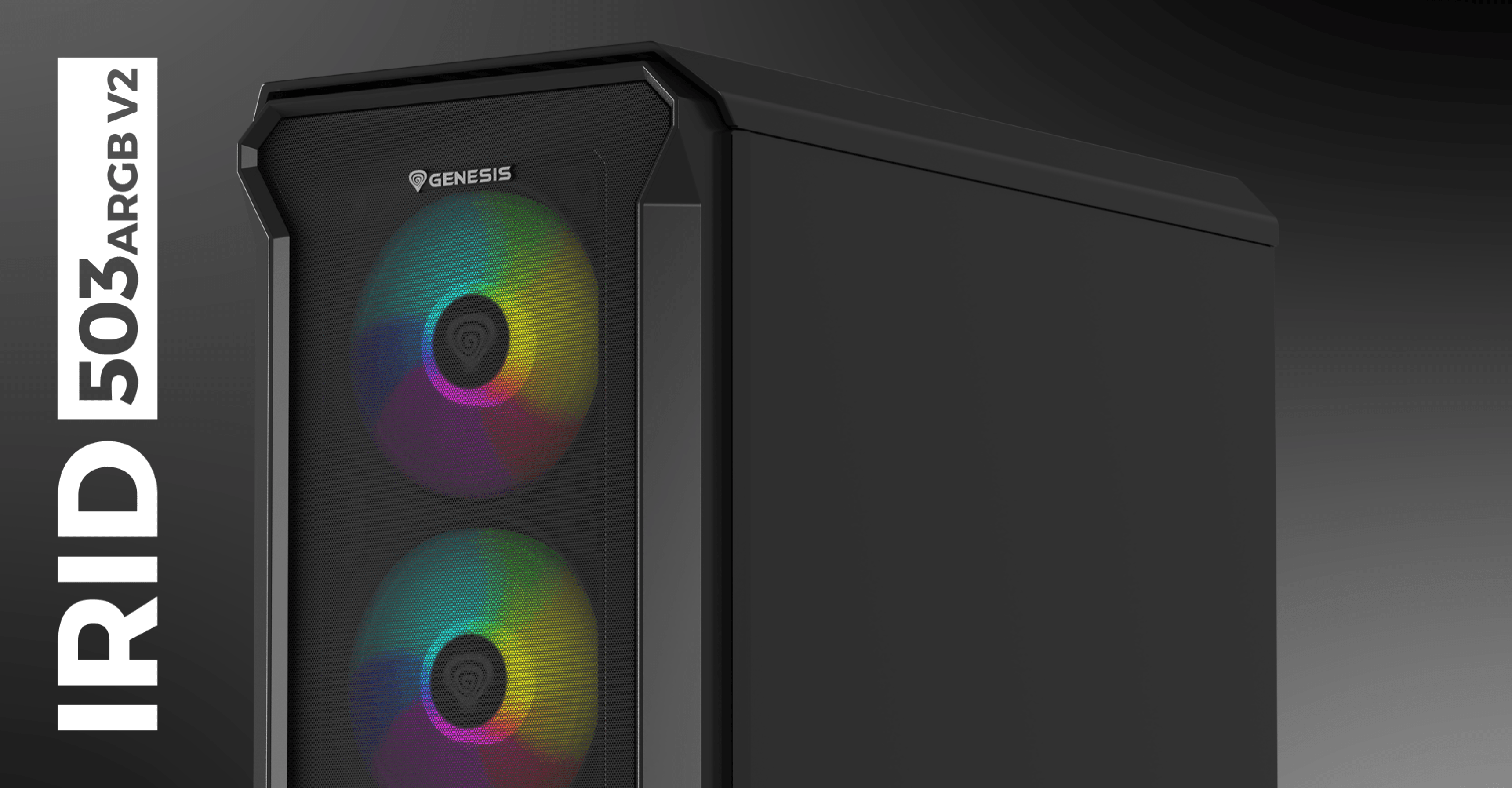Czarna obudowa typu mini tower ze szklanym panelem bocznym i dwoma przednimi wentylatorami RGB, oznaczonymi Genesis IRID 503 ARGB V2