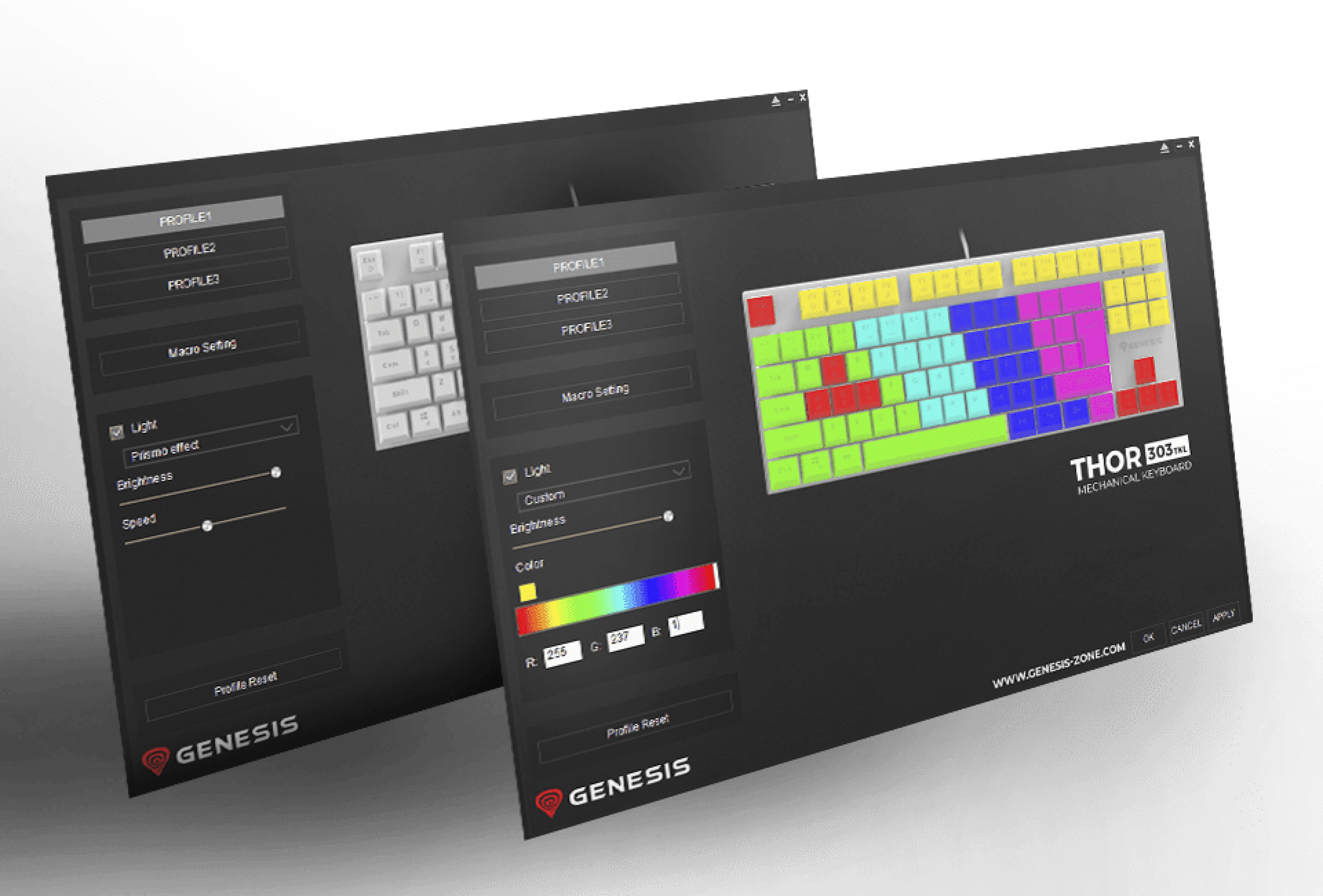 Interfejs oprogramowania klawiatury Genesis Thor 303, pokazujący opcje dostosowywania oświetlenia RGB i ustawienia profili