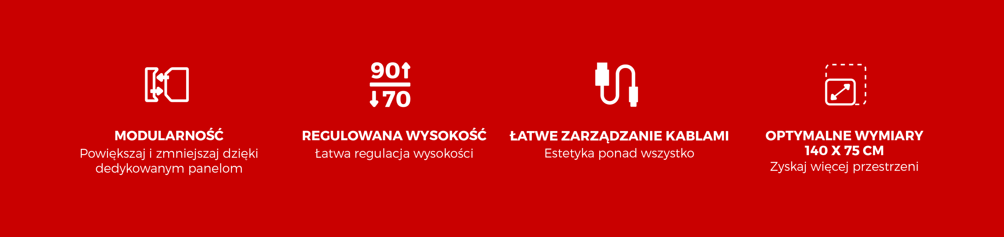 Modułowe biurko dla graczy oferuje regulację wysokości, zarządzanie kablami i optymalne wymiary 140 x 75 cm dla efektywnej przestrzeni roboczej.