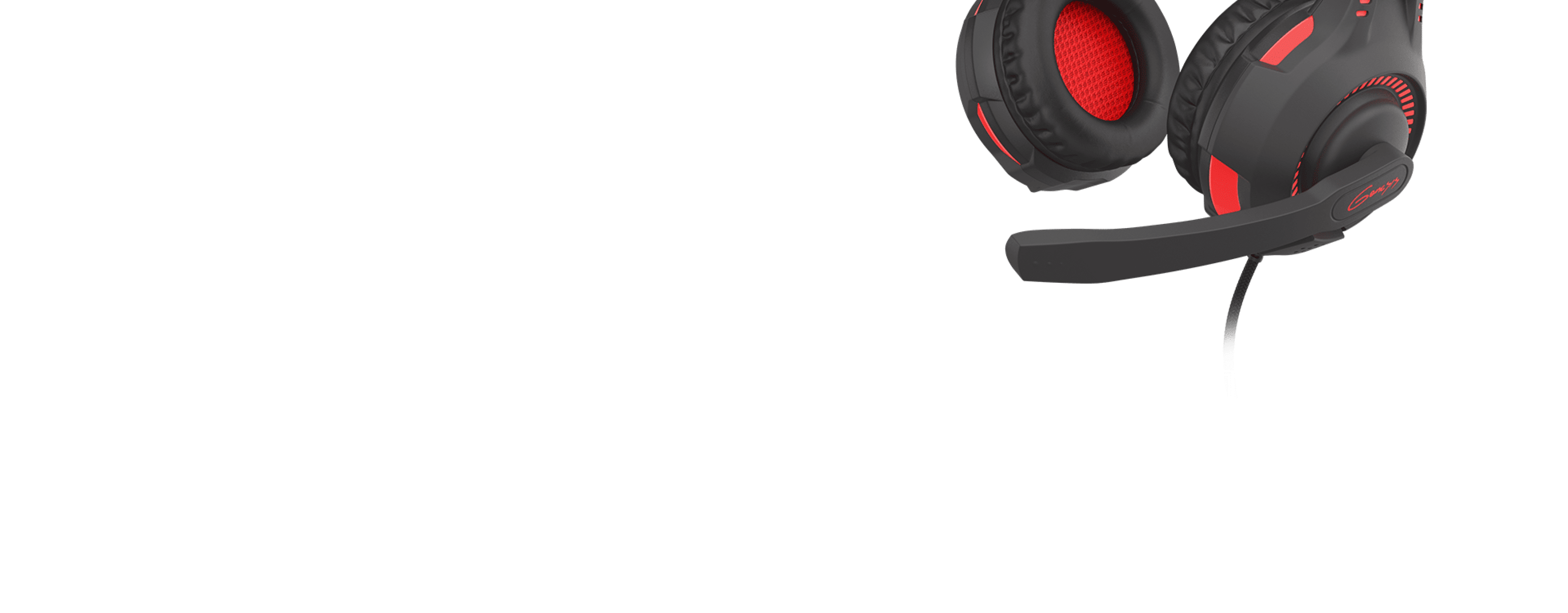 Czarno-czerwone słuchawki Genesis Radon 210 7.1 USB z mikrofonem, wyposażone w wyściełane nauszniki i elastyczne ramię mikrofonu.