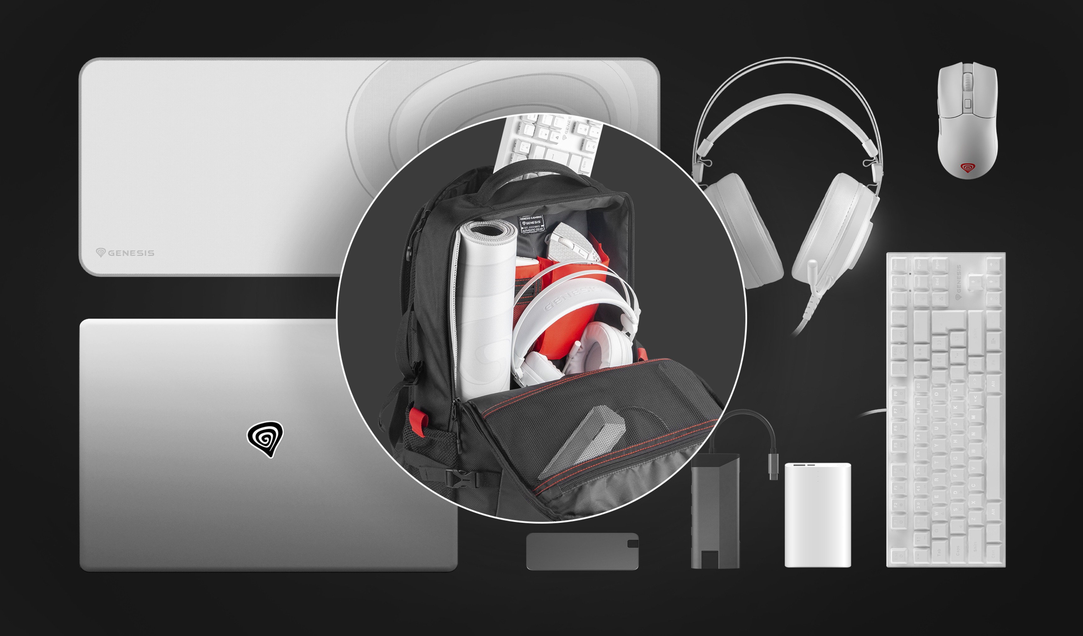 Plecak na laptopa, czarny Genesis Pallad 410, pokazujący wnętrze wypełnione akcesoriami, takimi jak słuchawki, kable i laptop.