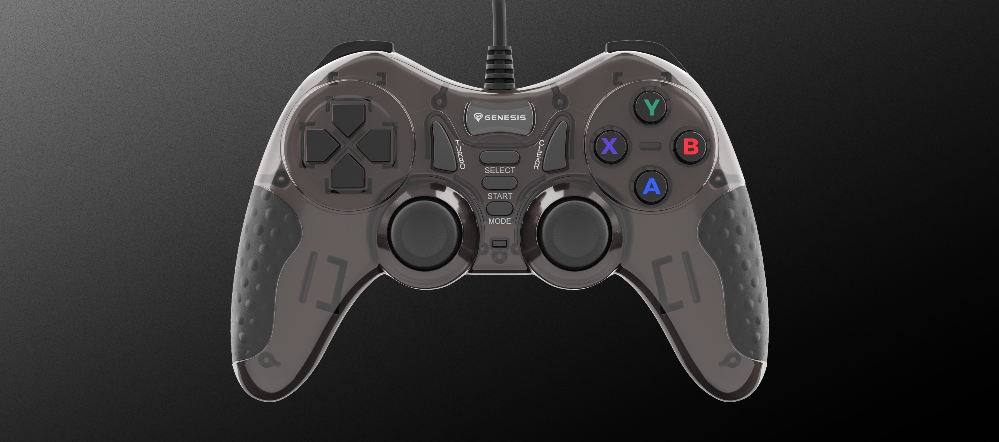 Kontroler do gier z wieloma przyciskami, joystickami i przewodem do podłączenia.