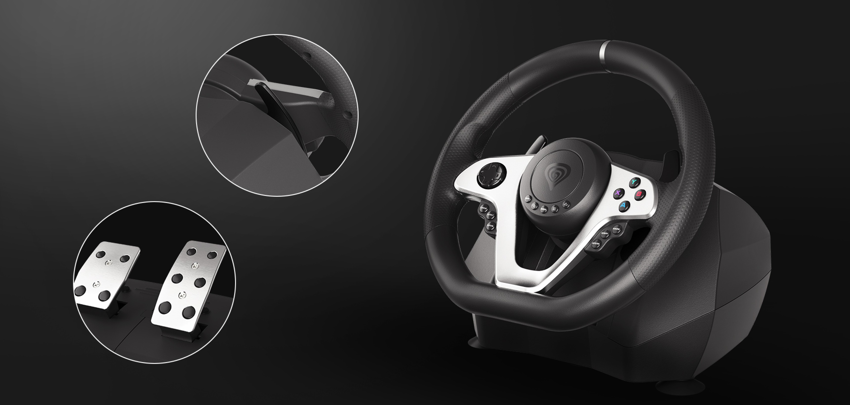 Kierownica wyścigowa kompatybilna z PC, PS3, PS4, Xbox One, Xbox 360 i Nintendo Switch, wyposażona w pedały i przyciski sterowania.