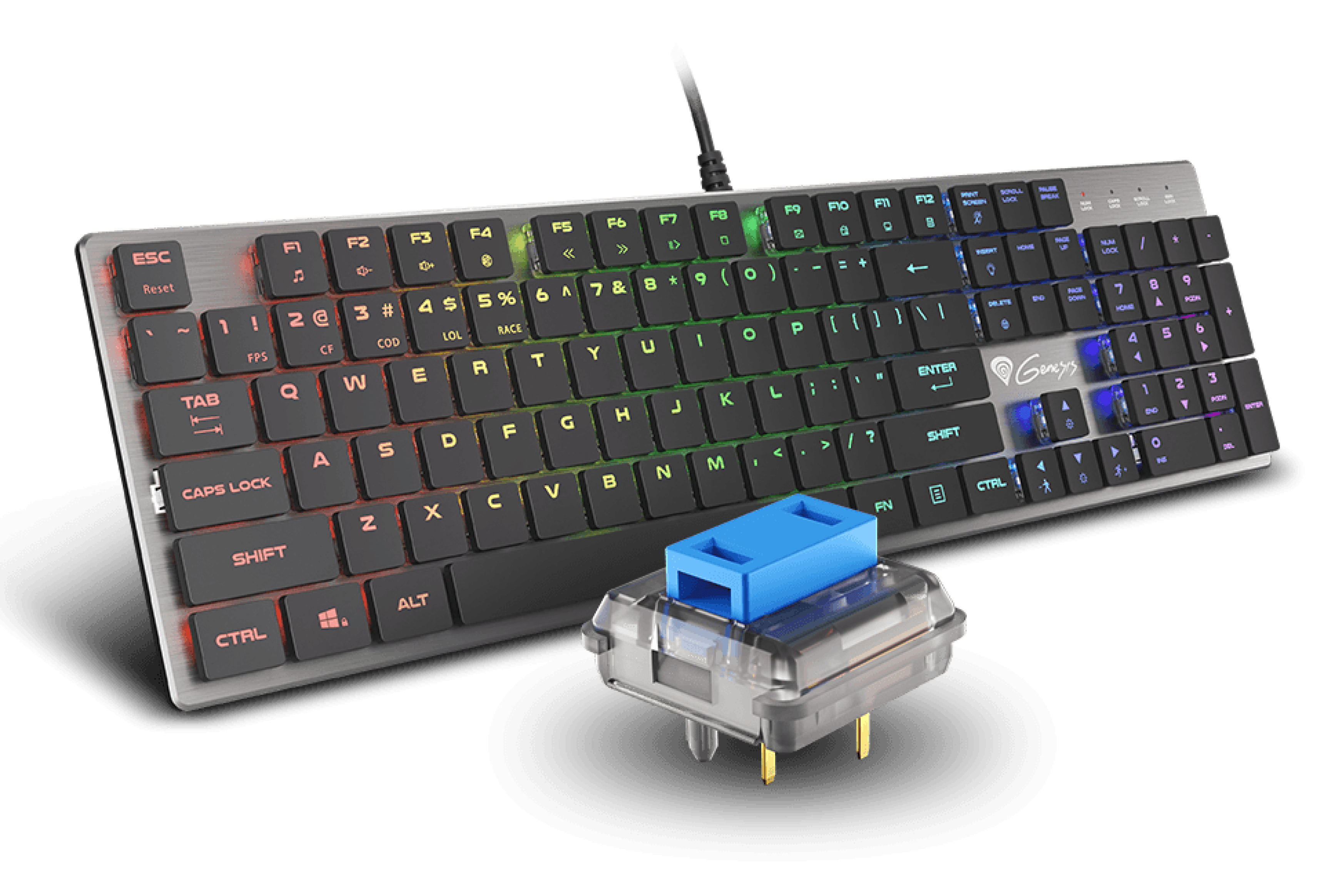 Smukła mechaniczna klawiatura do gier RGB z niebieskimi przełącznikami, wyposażona w kolorowe podświetlenie i odłączany przełącznik klawiszy