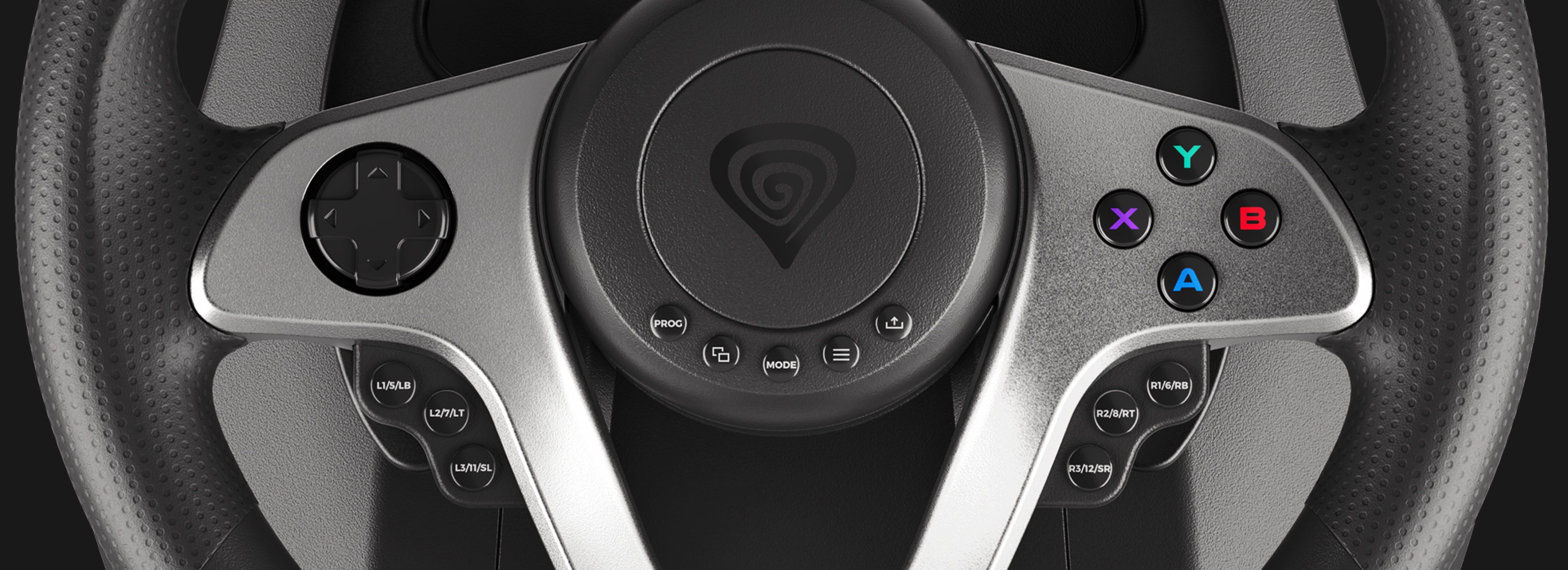 Kierownica wyścigowa z centralnym logo, przyciskami i układem kontrolera do gier, kompatybilna z wieloma konsolami