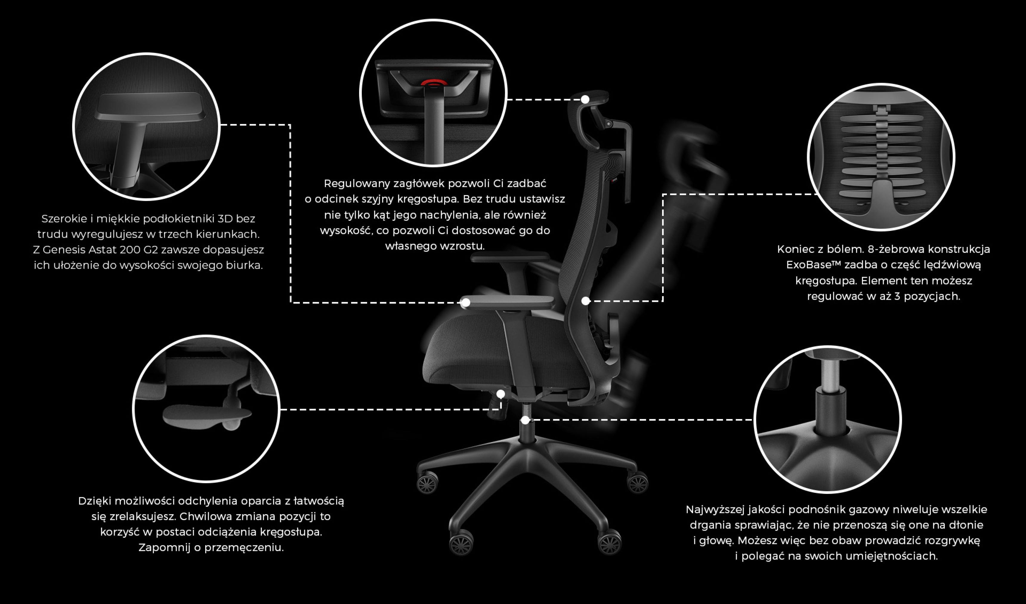Ergonomiczne, czarne krzesło biurowe z regulacją oparcia, podłokietników, wysokości siedziska i podparcia lędźwiowego.
