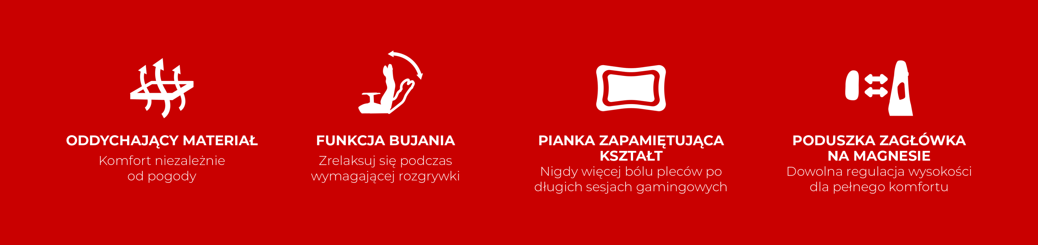 Cztery ikony na czerwonym tle przedstawiające cechy, takie jak oddychający materiał i komfort.