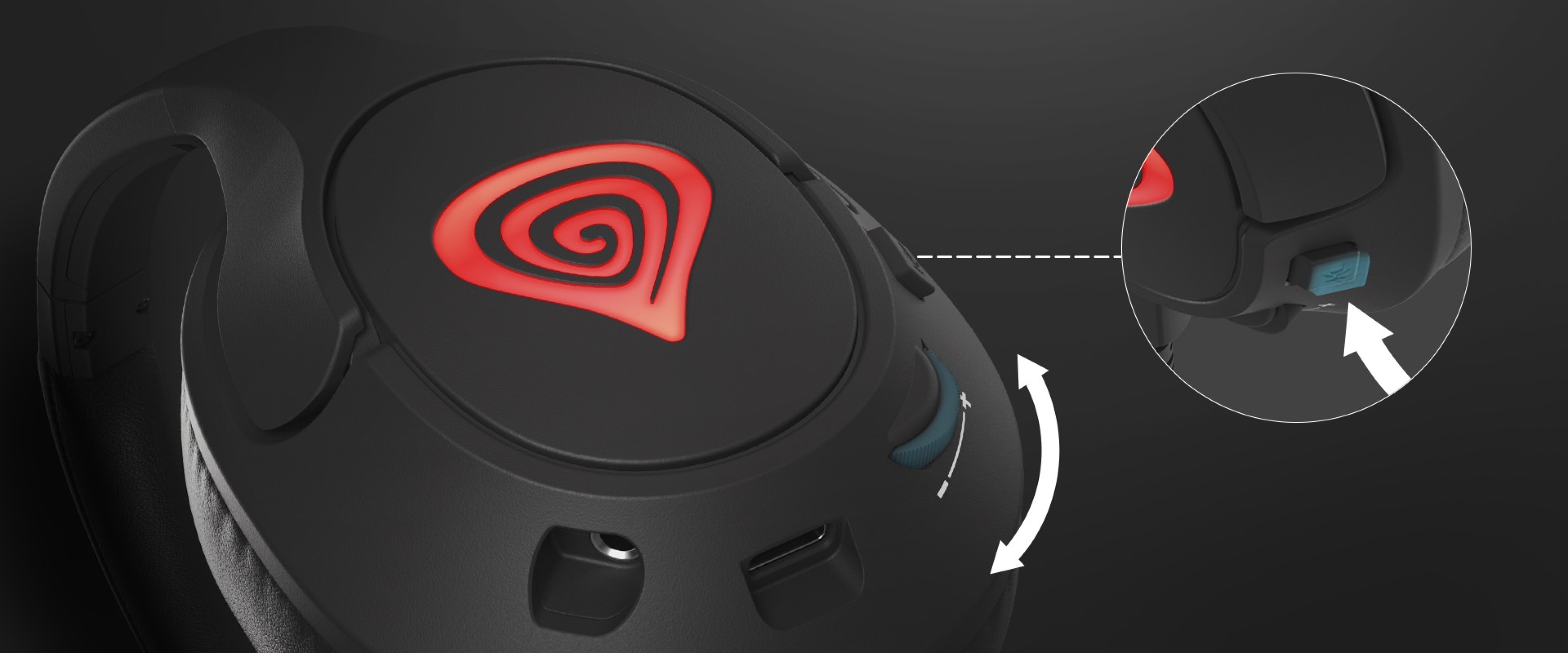 Czarne słuchawki Genesis Radon 800 7.1 z mikrofonem i czerwonym podświetlanym logo, wyposażone w regulowane elementy sterujące