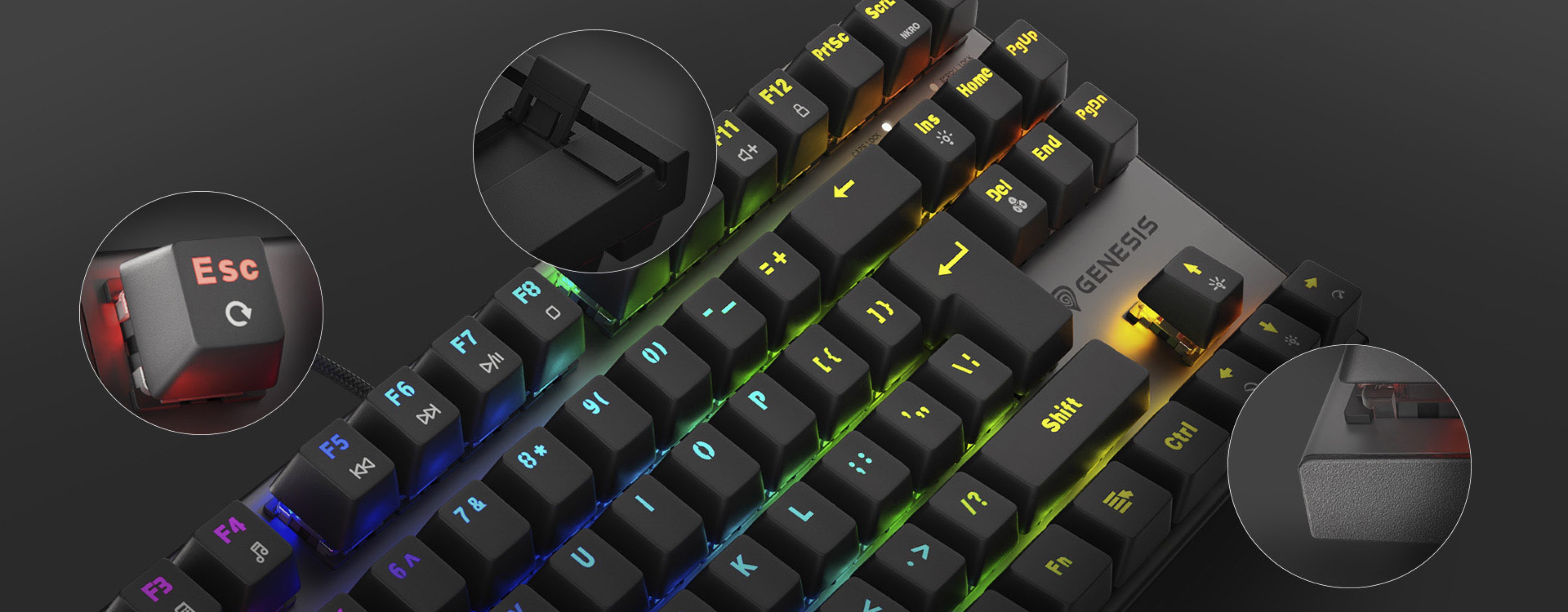 Kompaktowa klawiatura dla graczy z podświetleniem RGB, pokazującymi klawisze przełącznikami i podświetlonym klawiszem Esc. Klawisze mechaniczne z możliwością wymiany podczas pracy
