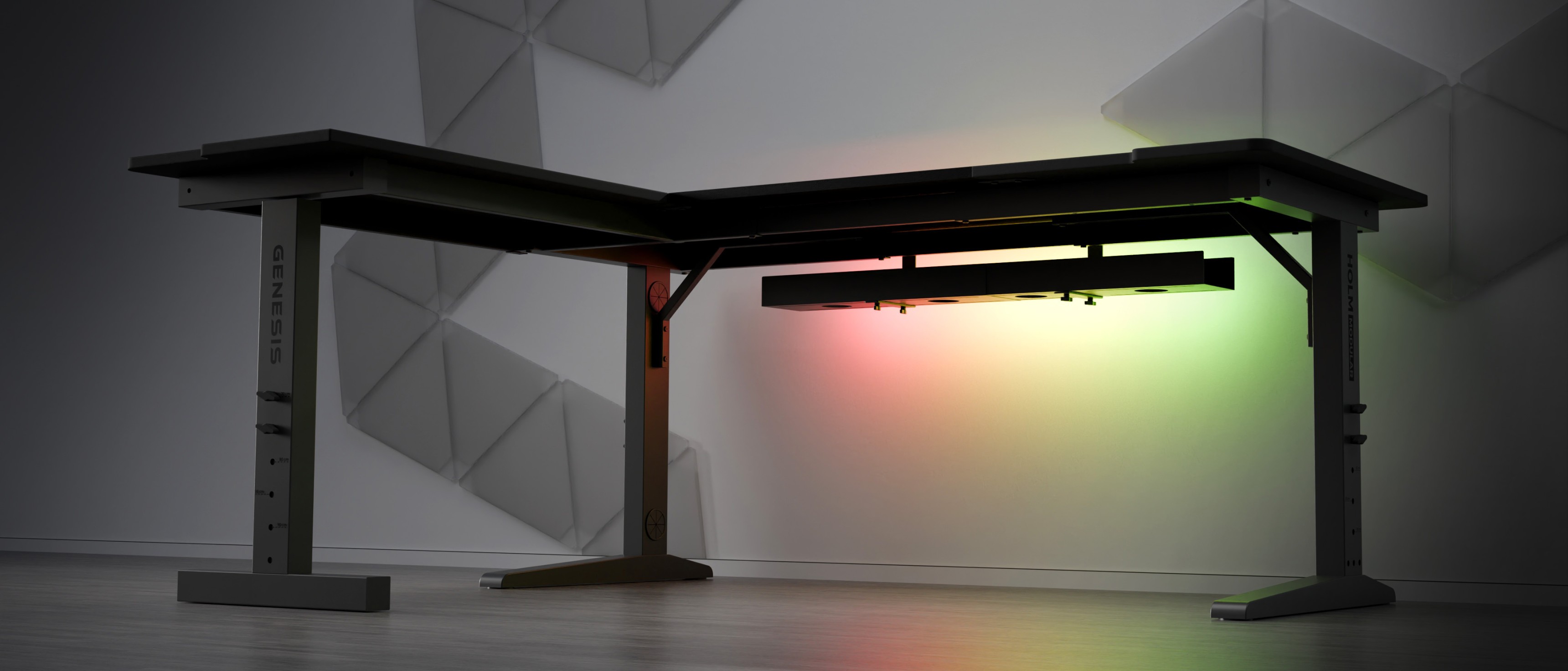 Narożne biurko do gier Genesis Holm Modular 160 o eleganckim wyglądzie z oświetleniem LED pod spodem
