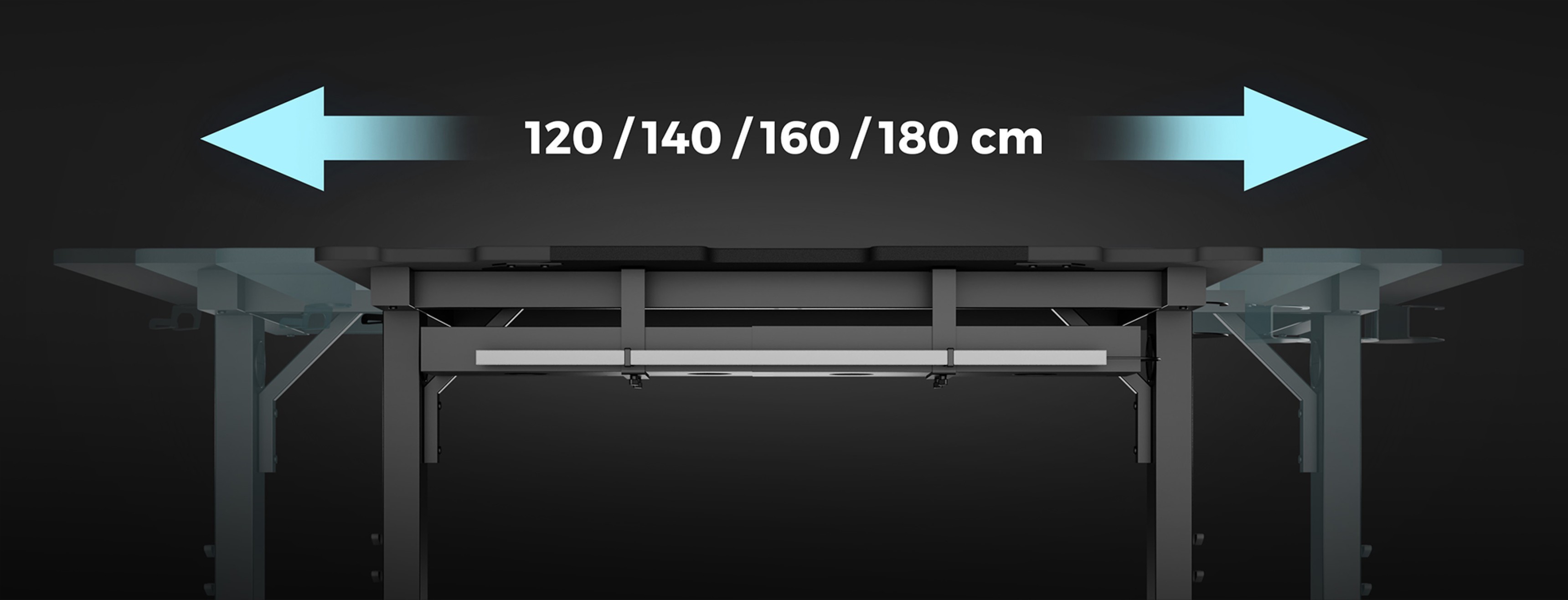 Modułowe biurko gamingowe o regulowanych wymiarach: 120/140/160/180 cm, charakteryzujące się solidną konstrukcją i nowoczesną estetyką