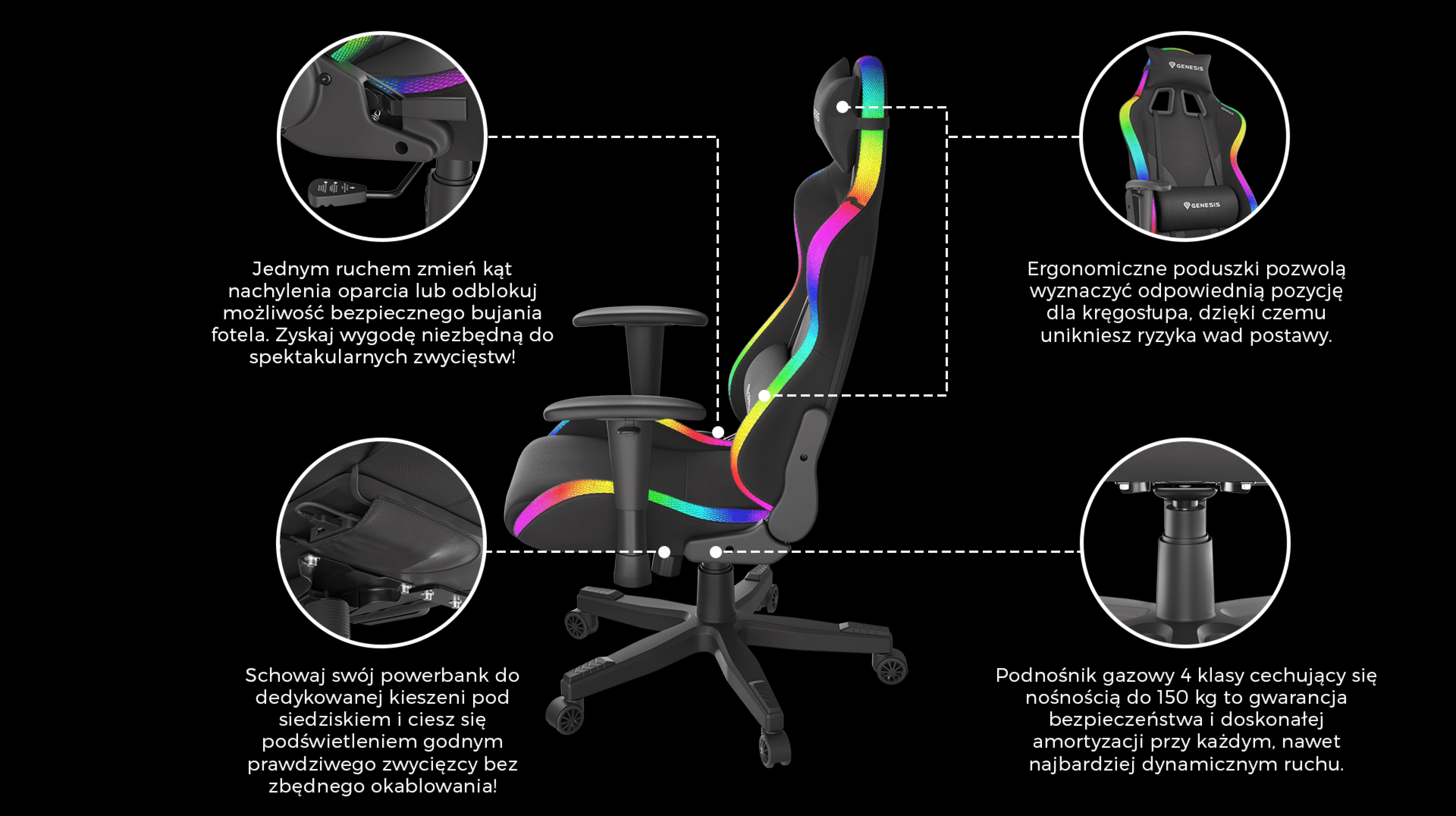Fotel gamingowy z kolorowym oświetleniem, ergonomiczną konstrukcją i regulowanymi funkcjami.