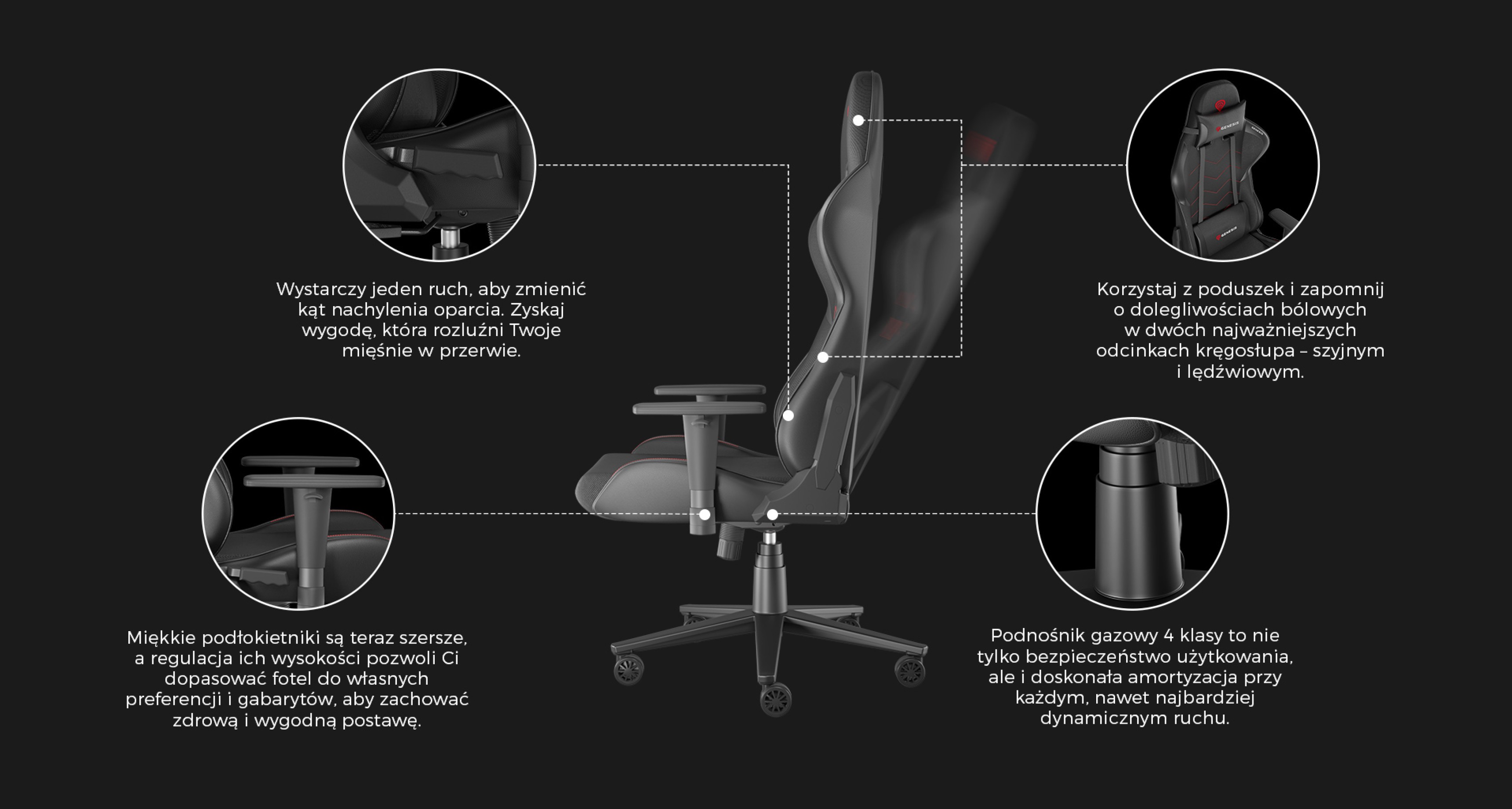 Czarny fotel gamingowy Genesis Nitro 550 G2 z regulowanymi funkcjami, ergonomiczną konstrukcją i dynamicznym wsparciem