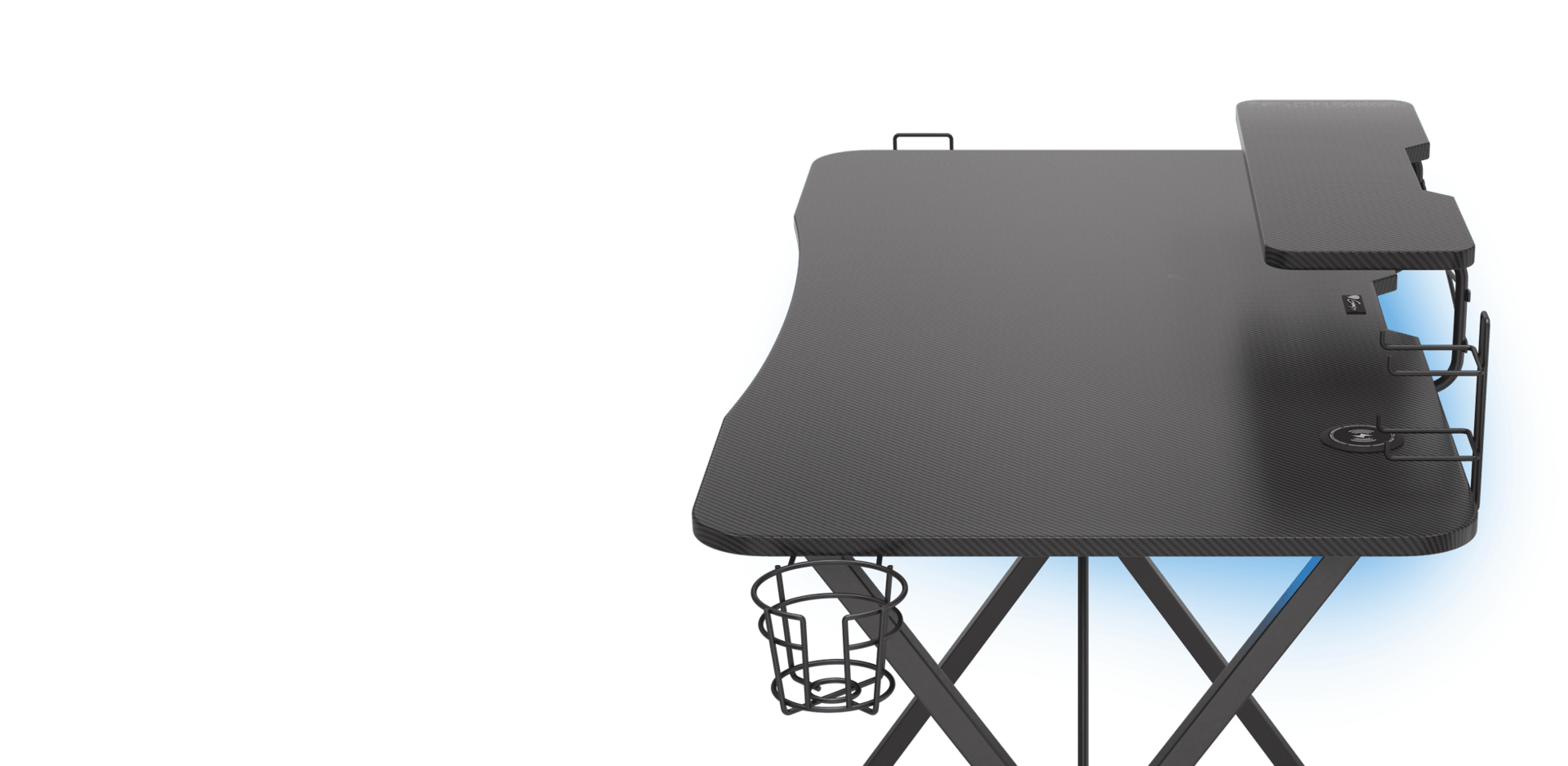 Czarne biurko gamingowe o ergonomicznej konstrukcji, z oświetleniem RGB i schowkiem na akcesoria