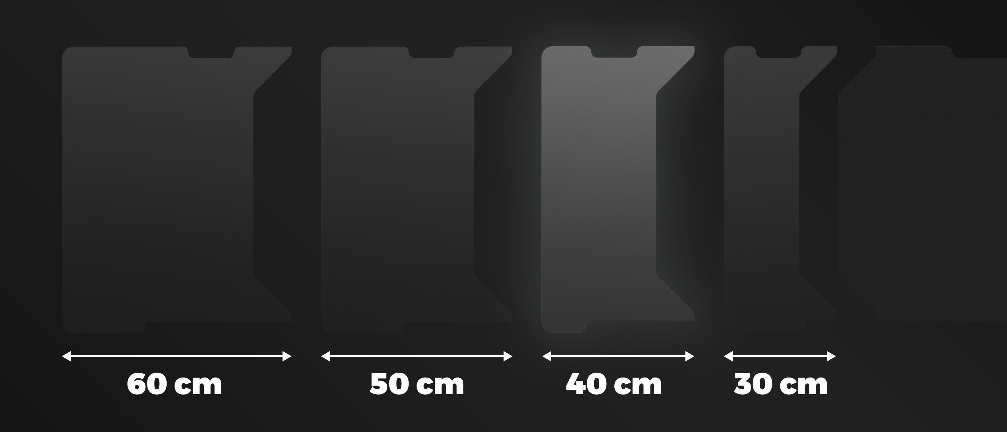 Panel boczny do biurka modułowego Genesis Holm, mierzący 40 cm, prezentowany wraz z innymi rozmiarami (30 cm, 50 cm, 60 cm).