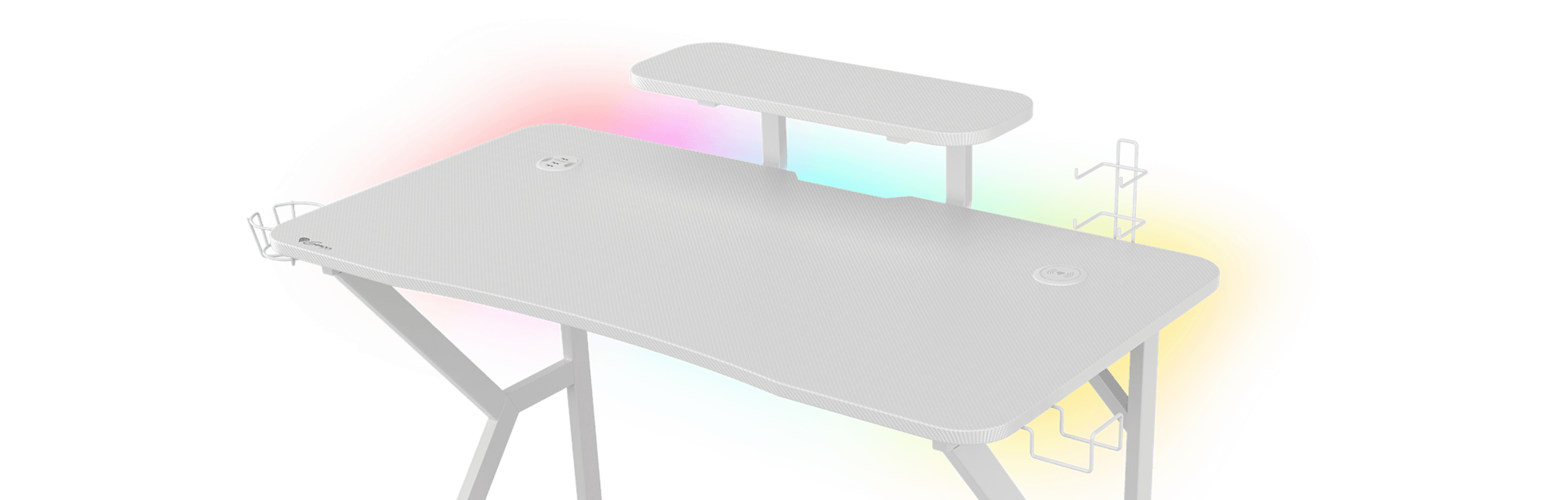 Białe biurko gamingowe Genesis Holm 320 RGB z eleganckim designem i dodatkową górną półką dla lepszej organizacji miejsca pracy