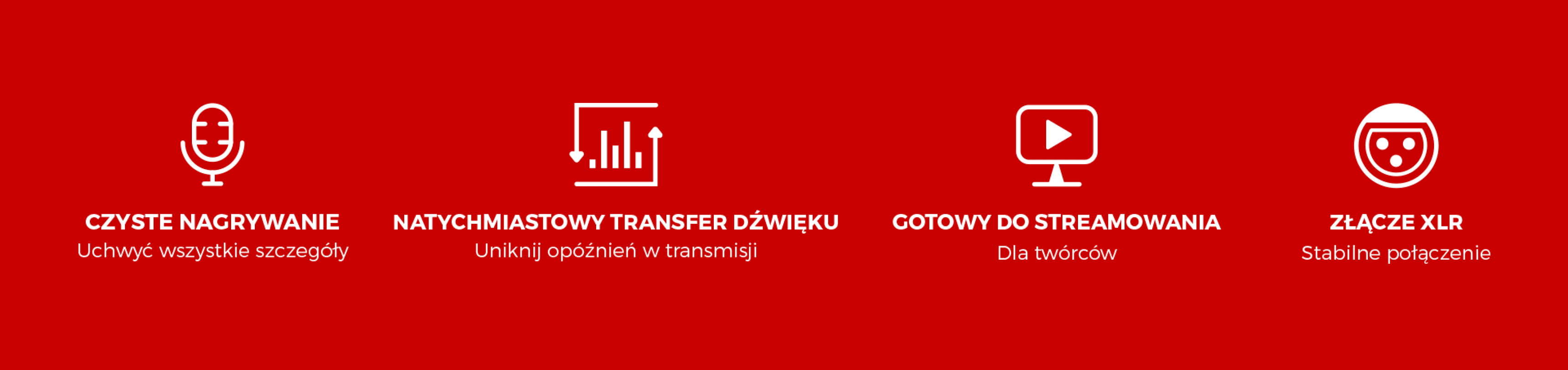 Ikony reprezentujące funkcje mikrofonu Genesis Radium 300: czyste nagrywanie, natychmiastowy transfer dźwięku, gotowość do przesyłania strumieniowego i złącze XLR