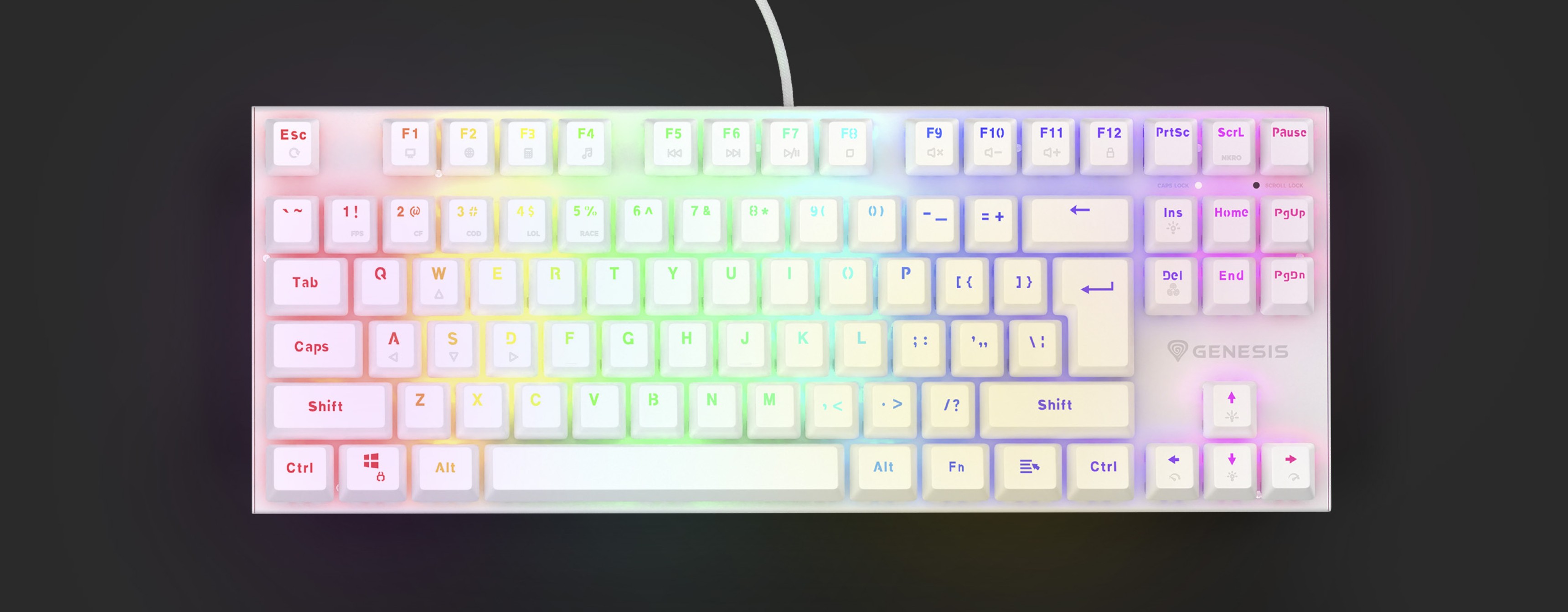 Klawiatura do gier z podświetleniem RGB, brązowymi przełącznikami mechanicznymi i kompaktowym układem TKL, z możliwością wymiany podczas pracy.