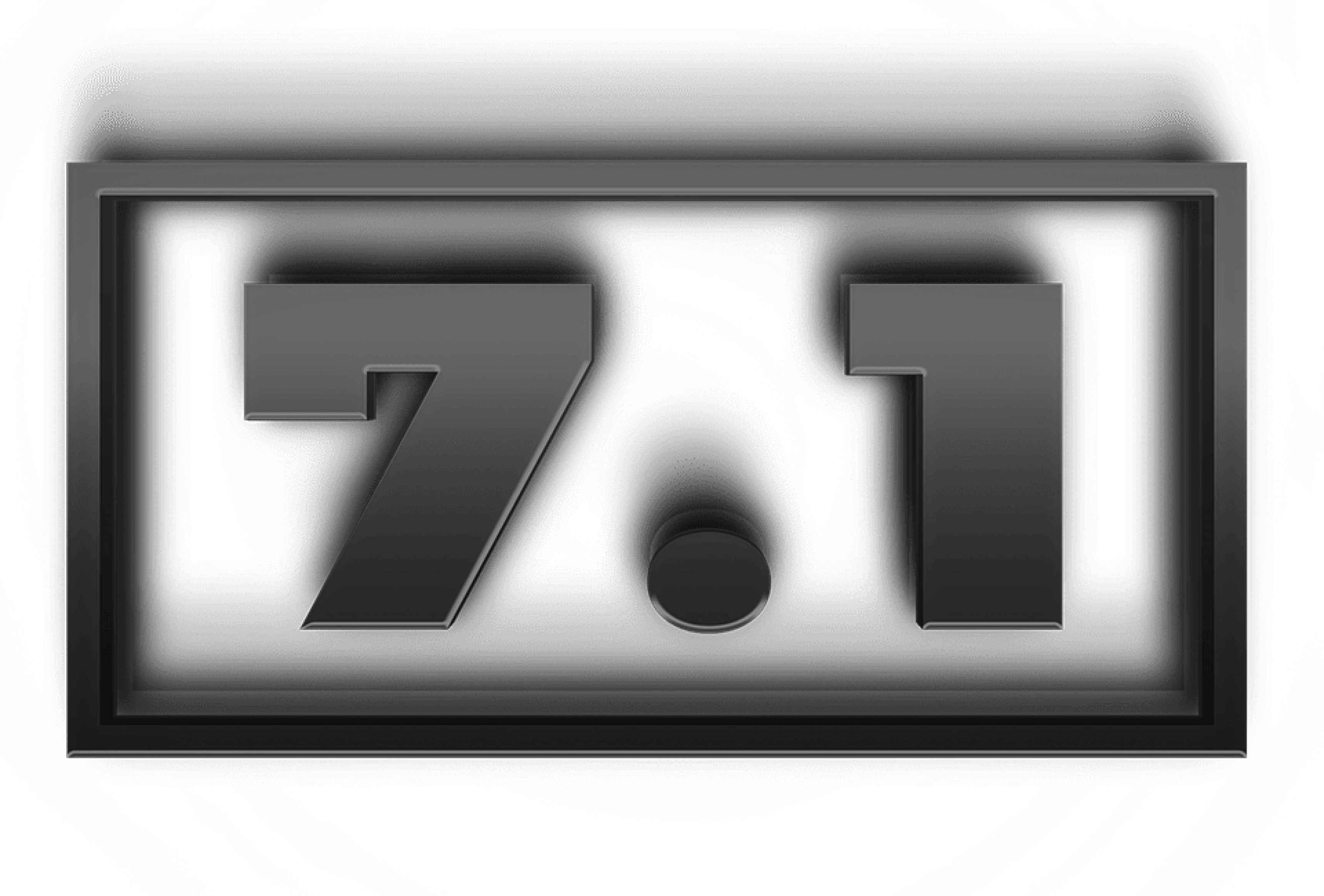 Logo wyświetlające "7.1" w odważnym, nowoczesnym stylu, podkreślające możliwości dźwięku przestrzennego