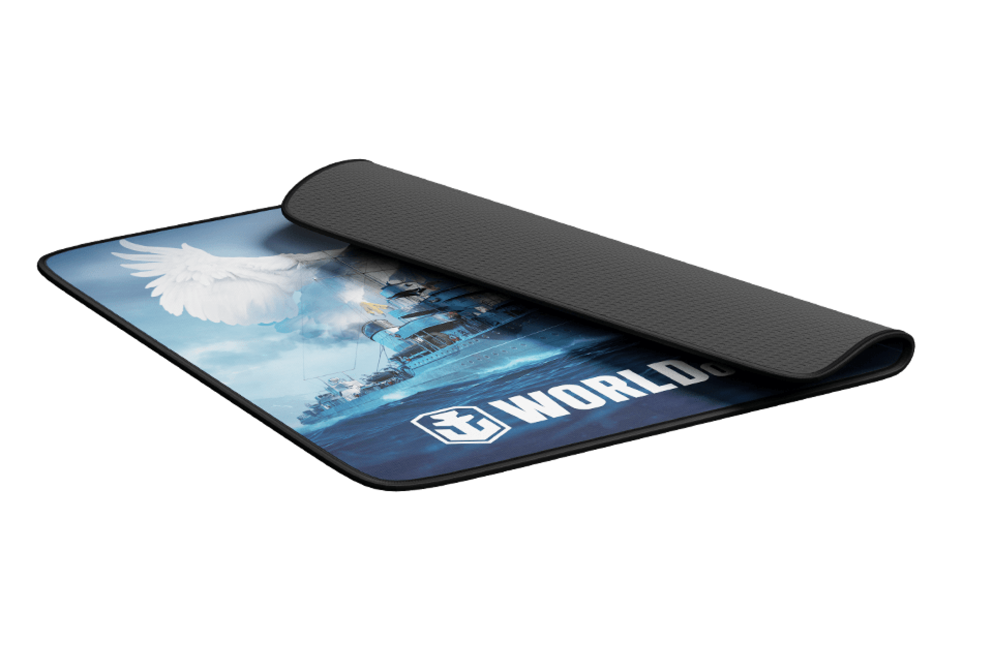 Podkładka pod mysz dla graczy z żywym wzorem przedstawiającym marynistyczne obrazy i logo "World of Warships", o wymiarach 300 x 250 mm.
