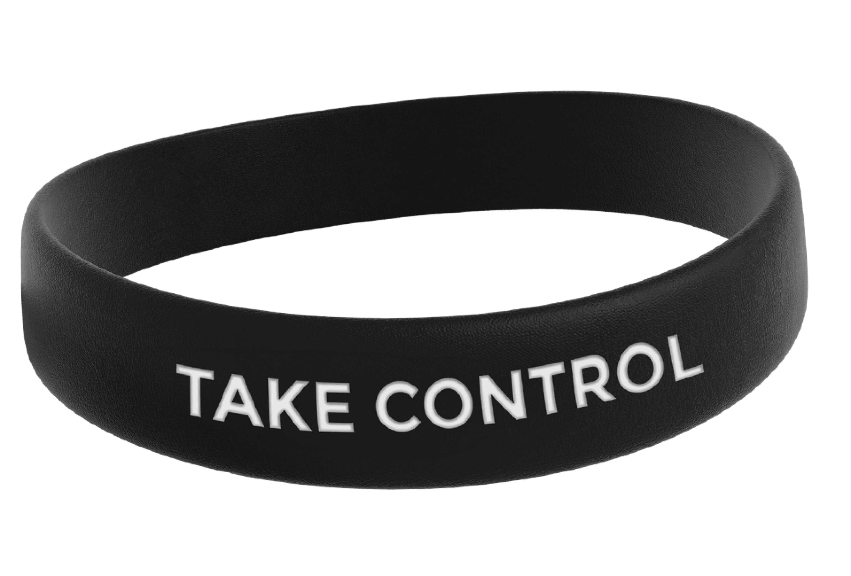 Czarna silikonowa opaska na nadgarstek z nadrukowanym białym tekstem "TAKE CONTROL".