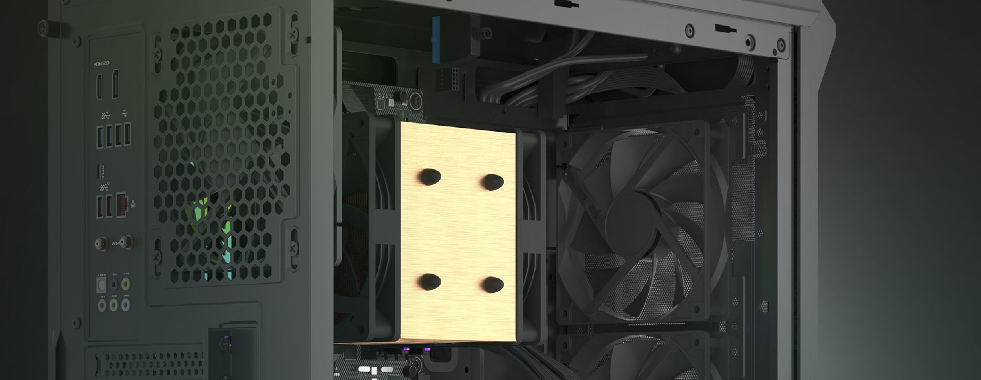 Zbliżenie wentylatora GENESIS OXAL 120 zamontowanego wewnątrz obudowy komputera, pokazujące jego konstrukcję i otaczające go komponenty.