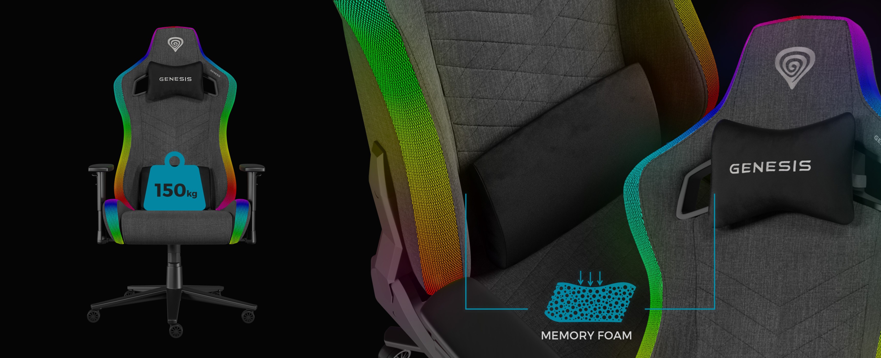 Szary fotel gamingowy z akcentami świetlnymi RGB, wyposażony w podparcie z pianki z pamięcią kształtu i o nośności 150 kg.